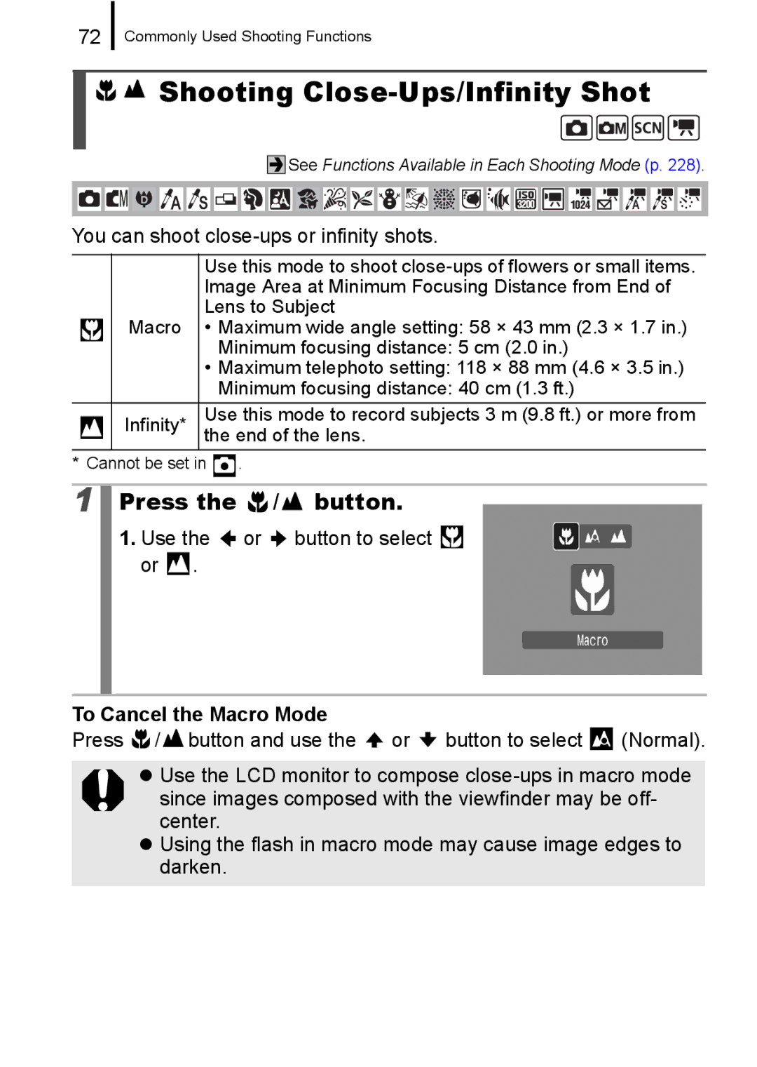 Canon 960 IS appendix Shooting Close-Ups/Infinity Shot, Press the / button, You can shoot close-ups or infinity shots 