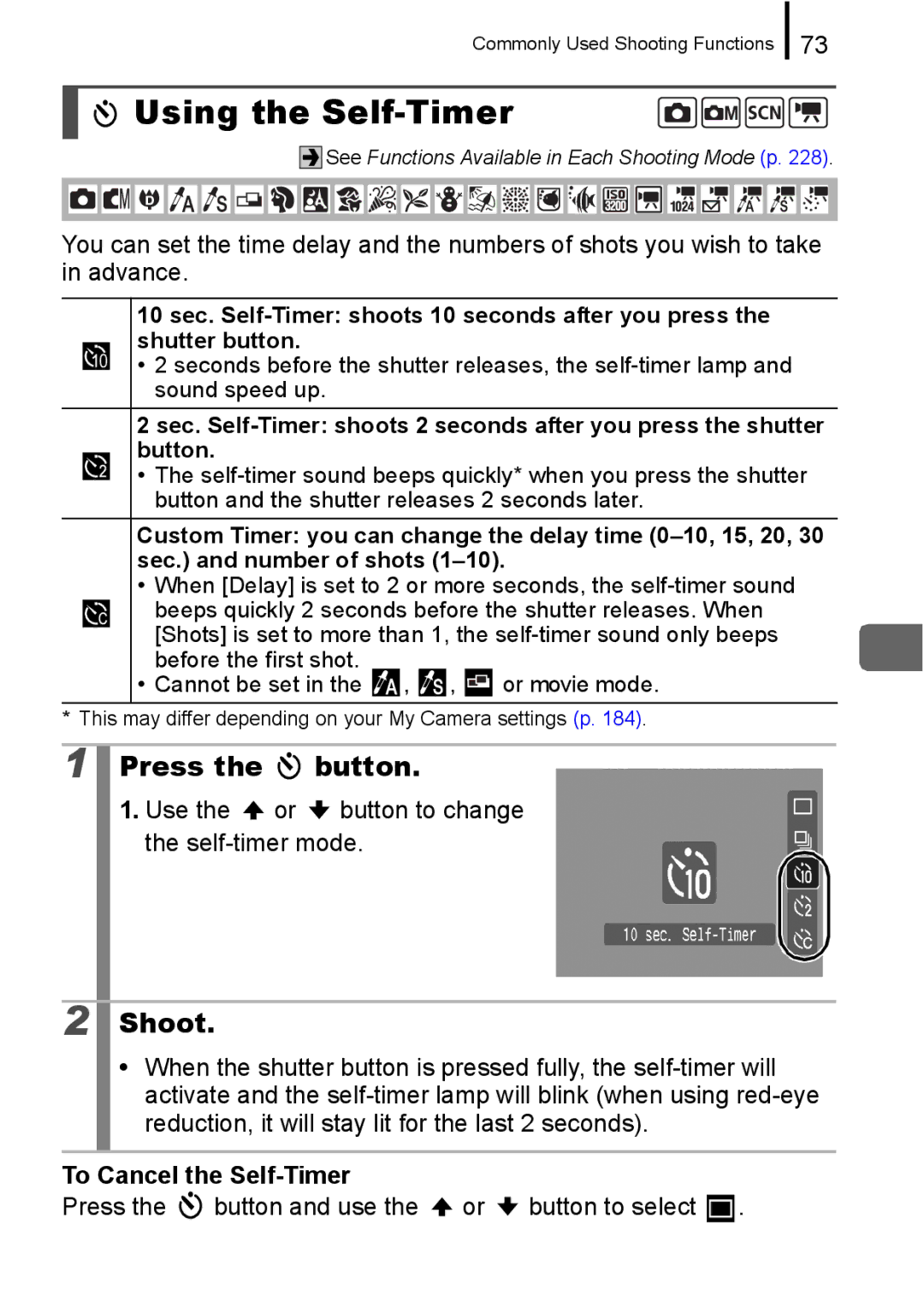 Canon 960 IS appendix Using the Self-Timer, Use the or button to change the self-timer mode, To Cancel the Self-Timer 