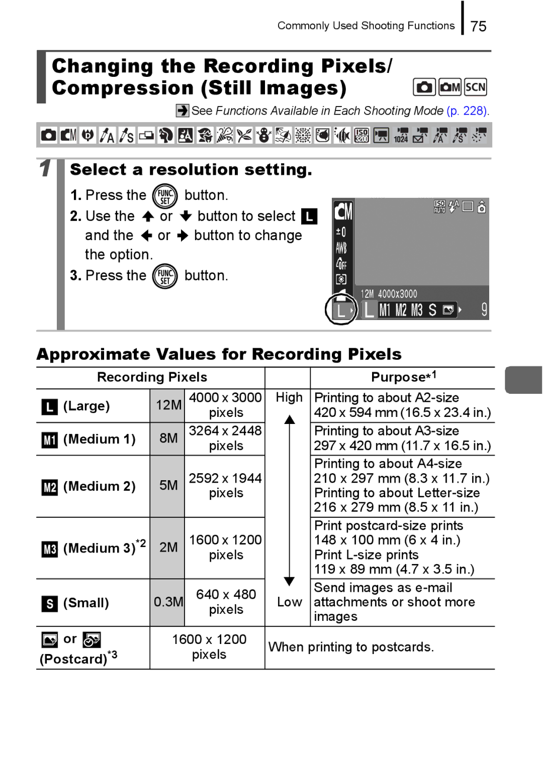 Canon 960 IS appendix Changing the Recording Pixels/ Compression Still Images, Select a resolution setting 