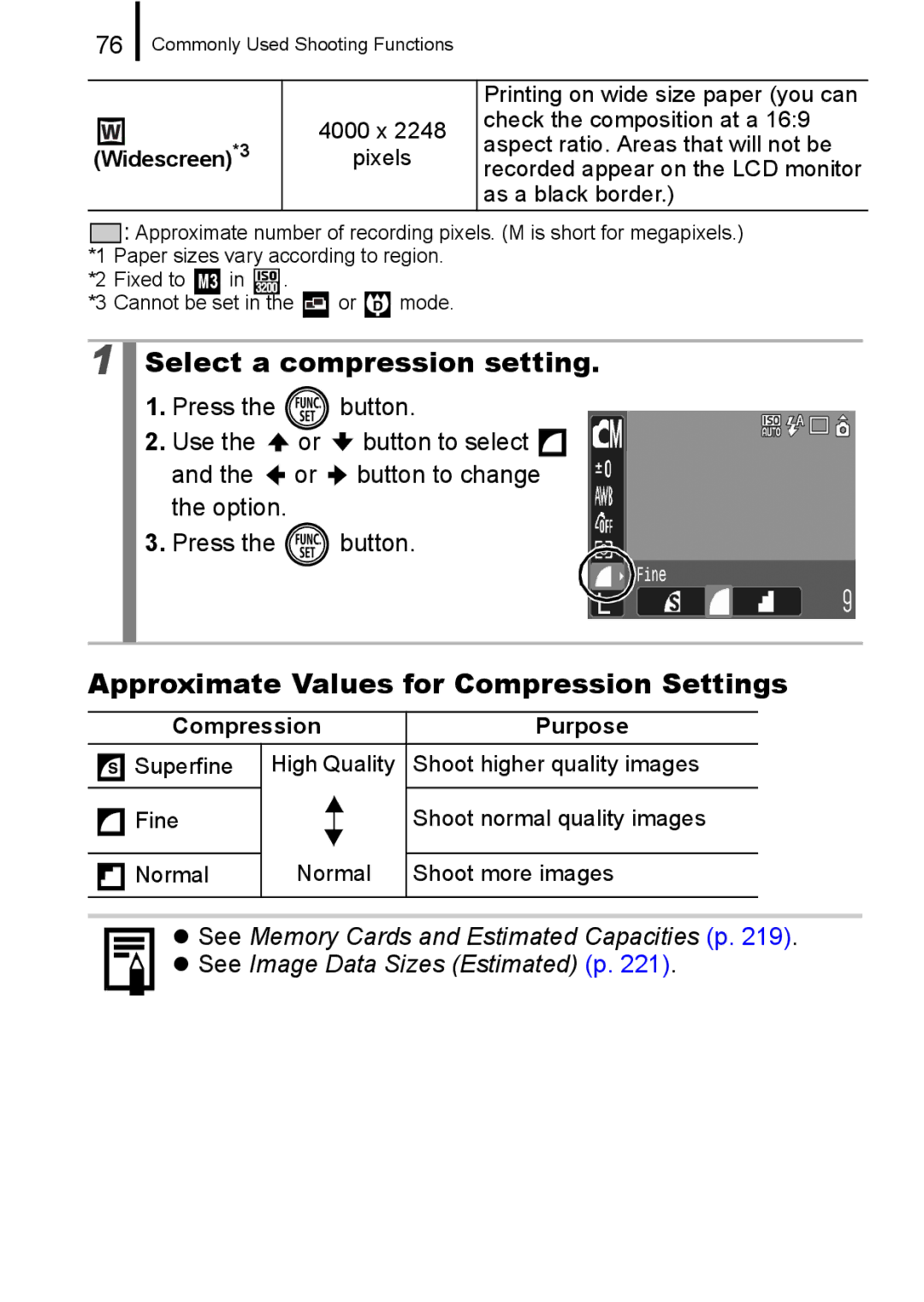 Canon 960 IS Select a compression setting, Approximate Values for Compression Settings, Widescreen*3, Compression Purpose 