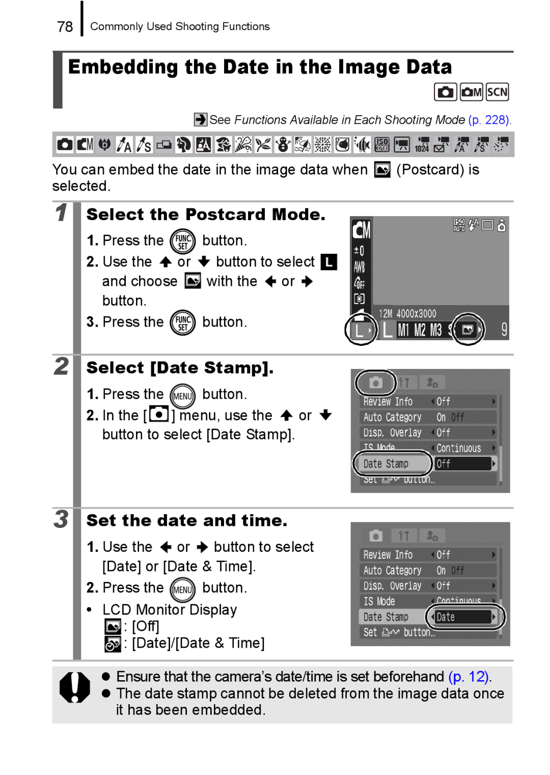 Canon 960 IS appendix Embedding the Date in the Image Data, Select Date Stamp, Set the date and time 