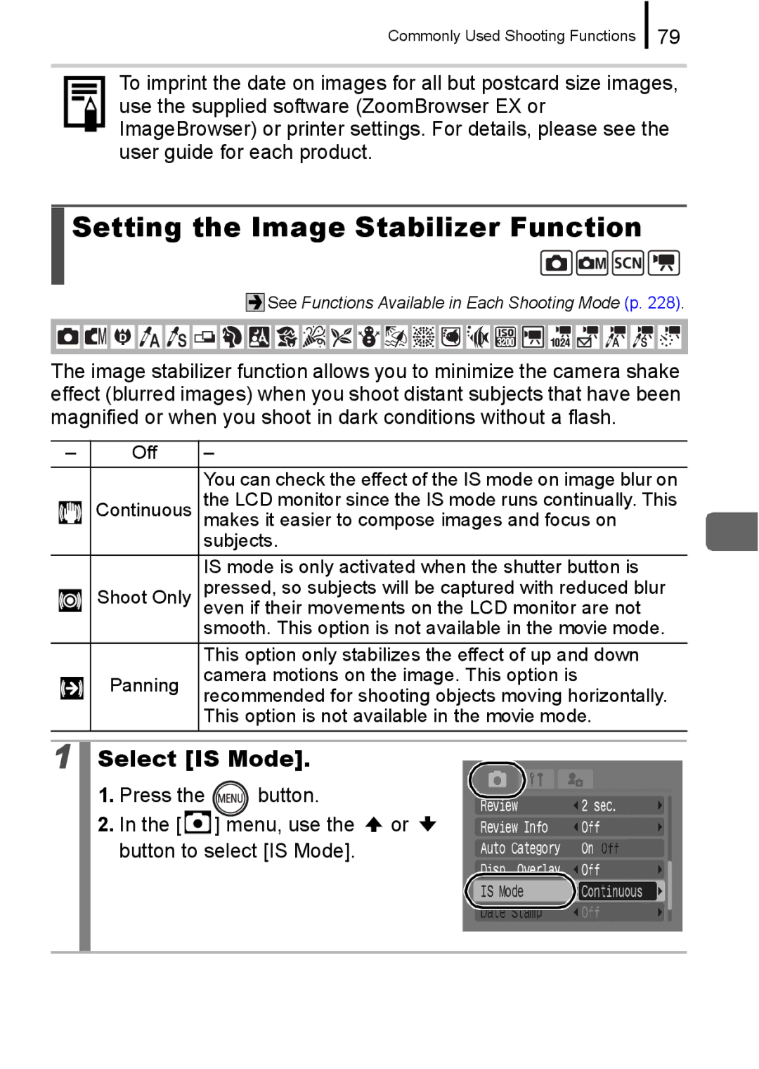 Canon 960 IS appendix Setting the Image Stabilizer Function, Select is Mode 