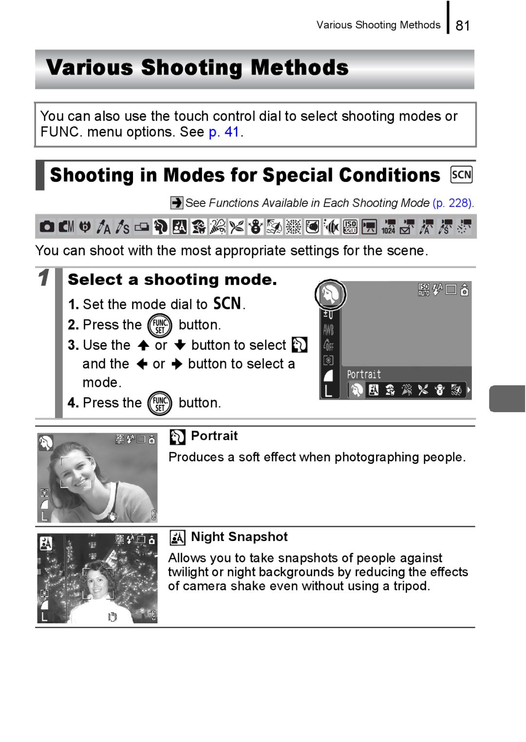 Canon 960 IS appendix Various Shooting Methods, Shooting in Modes for Special Conditions, Portrait, Night Snapshot 