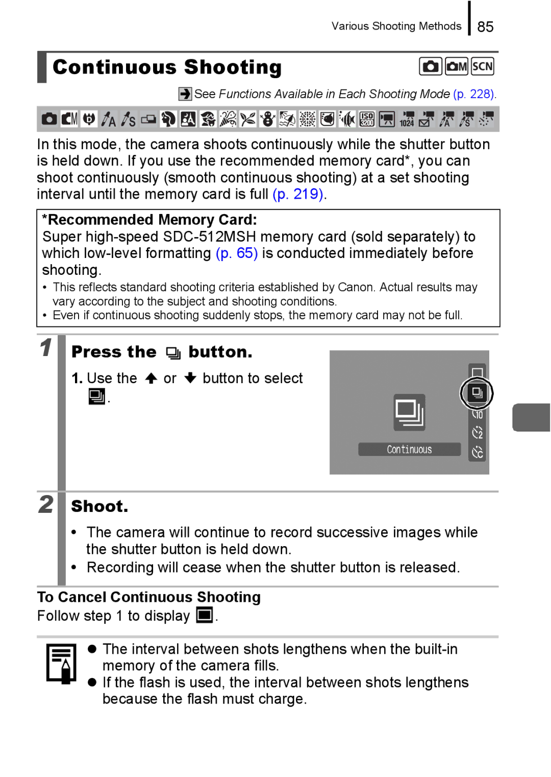 Canon 960 IS appendix Recommended Memory Card, To Cancel Continuous Shooting 