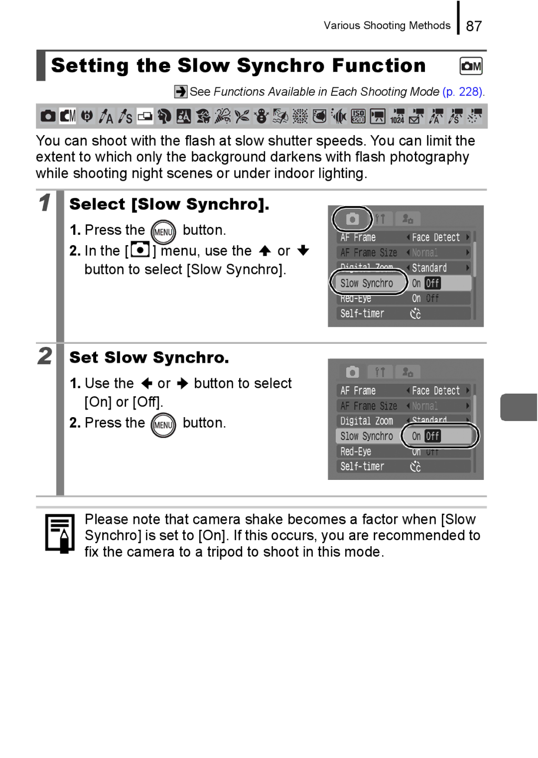 Canon 960 IS appendix Setting the Slow Synchro Function, Select Slow Synchro, Set Slow Synchro 