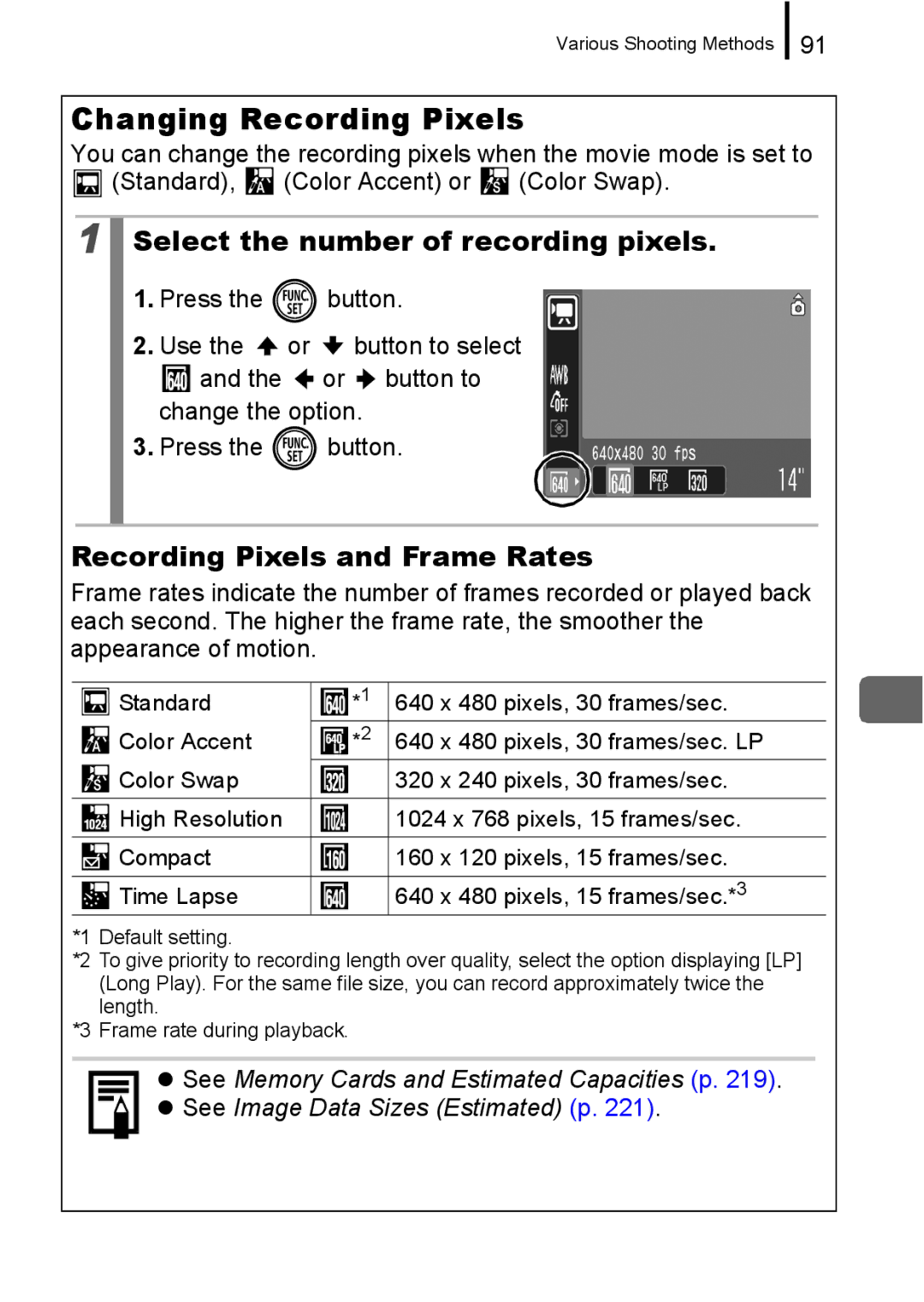 Canon 960 IS appendix Changing Recording Pixels, Select the number of recording pixels, Recording Pixels and Frame Rates 