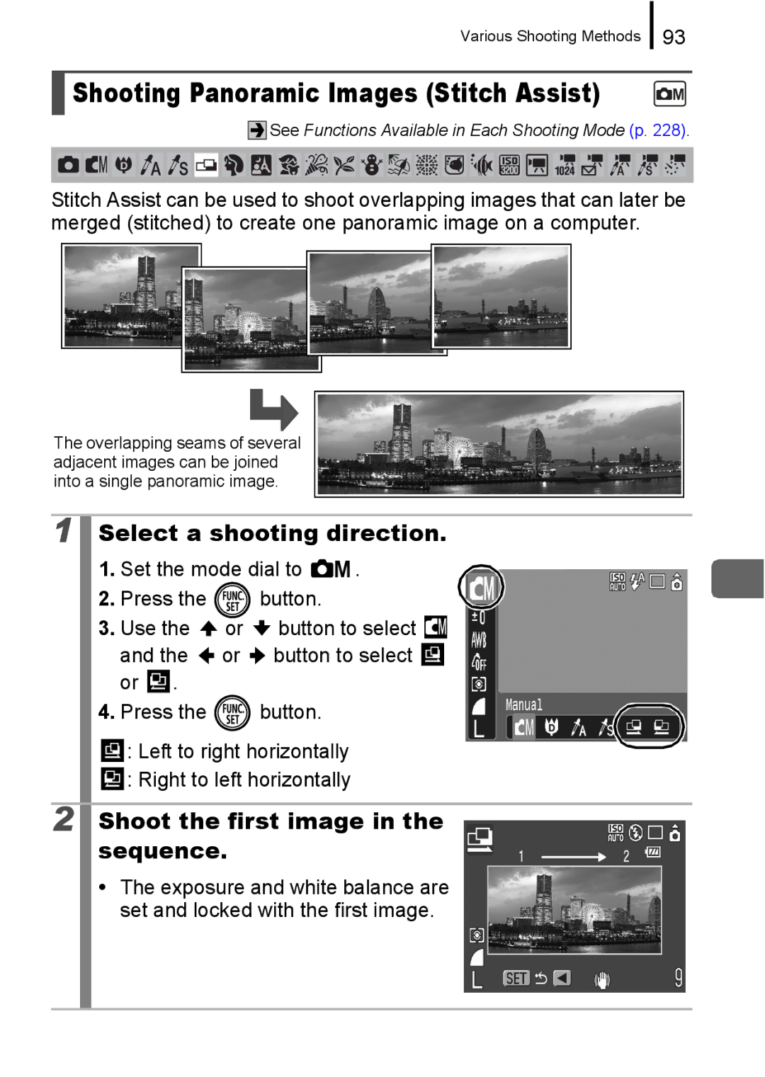 Canon 960 IS Shooting Panoramic Images Stitch Assist, Select a shooting direction, Shoot the first image in the sequence 