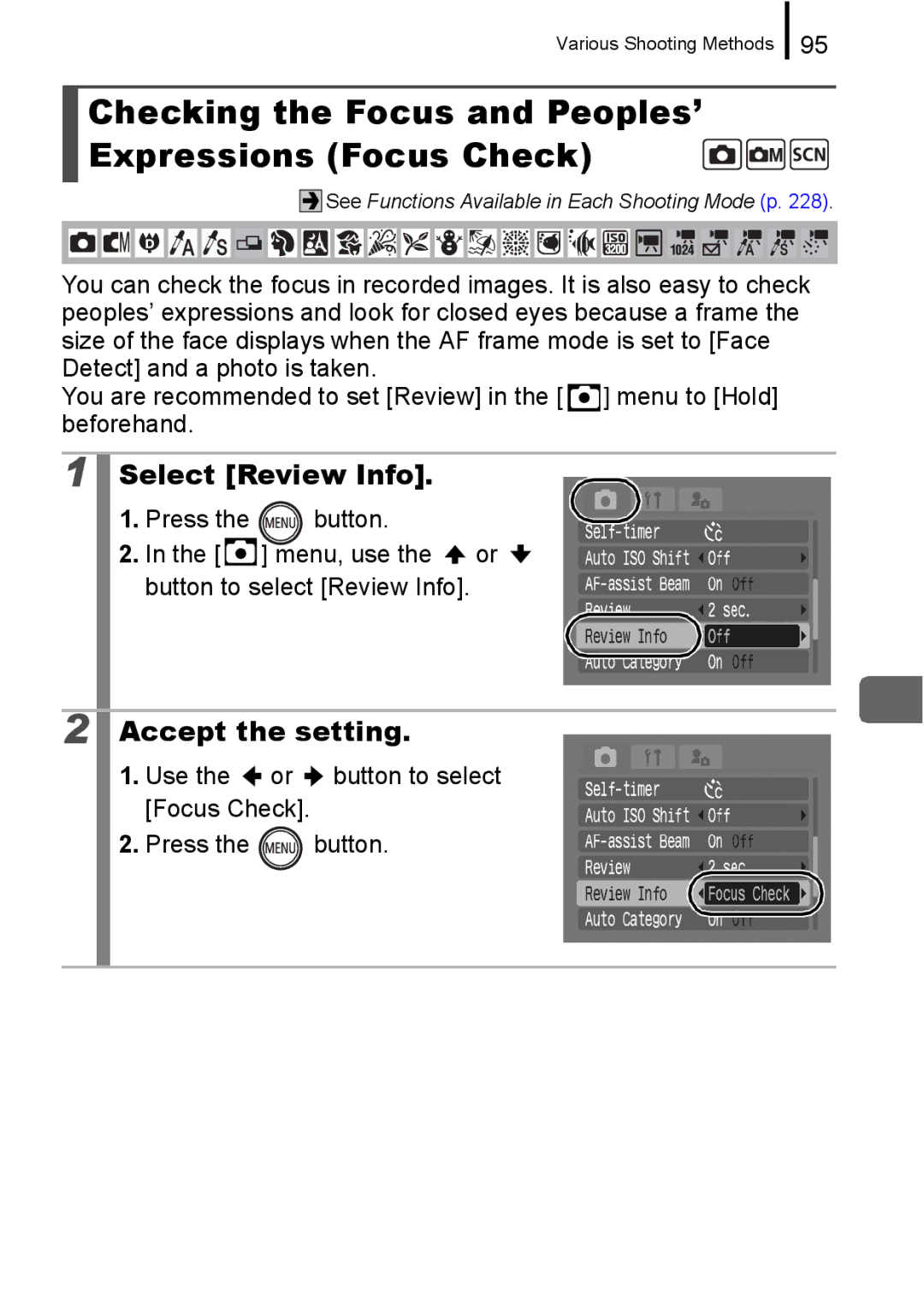 Canon 960 IS appendix Checking the Focus and Peoples’ Expressions Focus Check, Select Review Info 