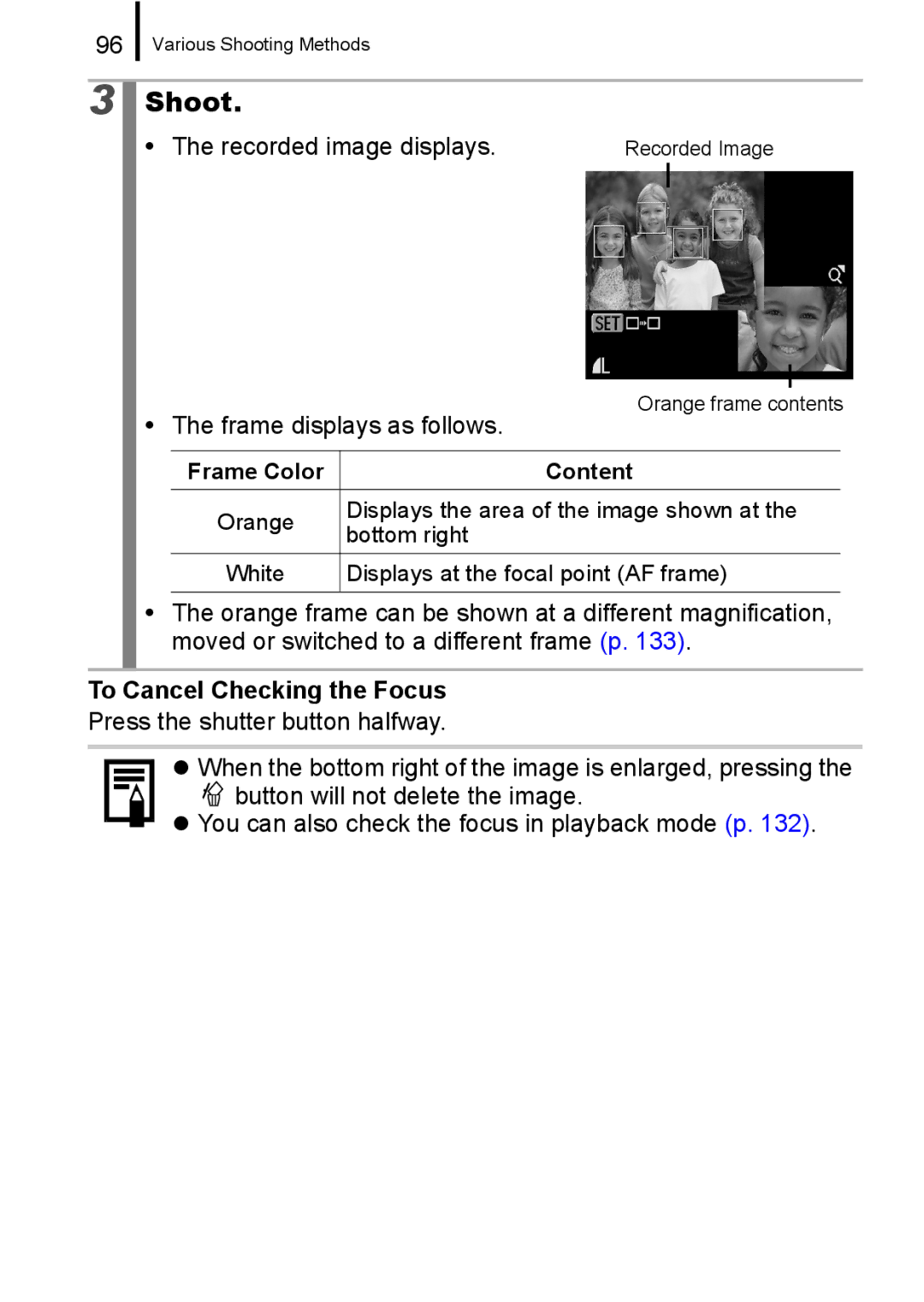 Canon 960 IS appendix Recorded image displays, Frame displays as follows, To Cancel Checking the Focus, Frame Color Content 