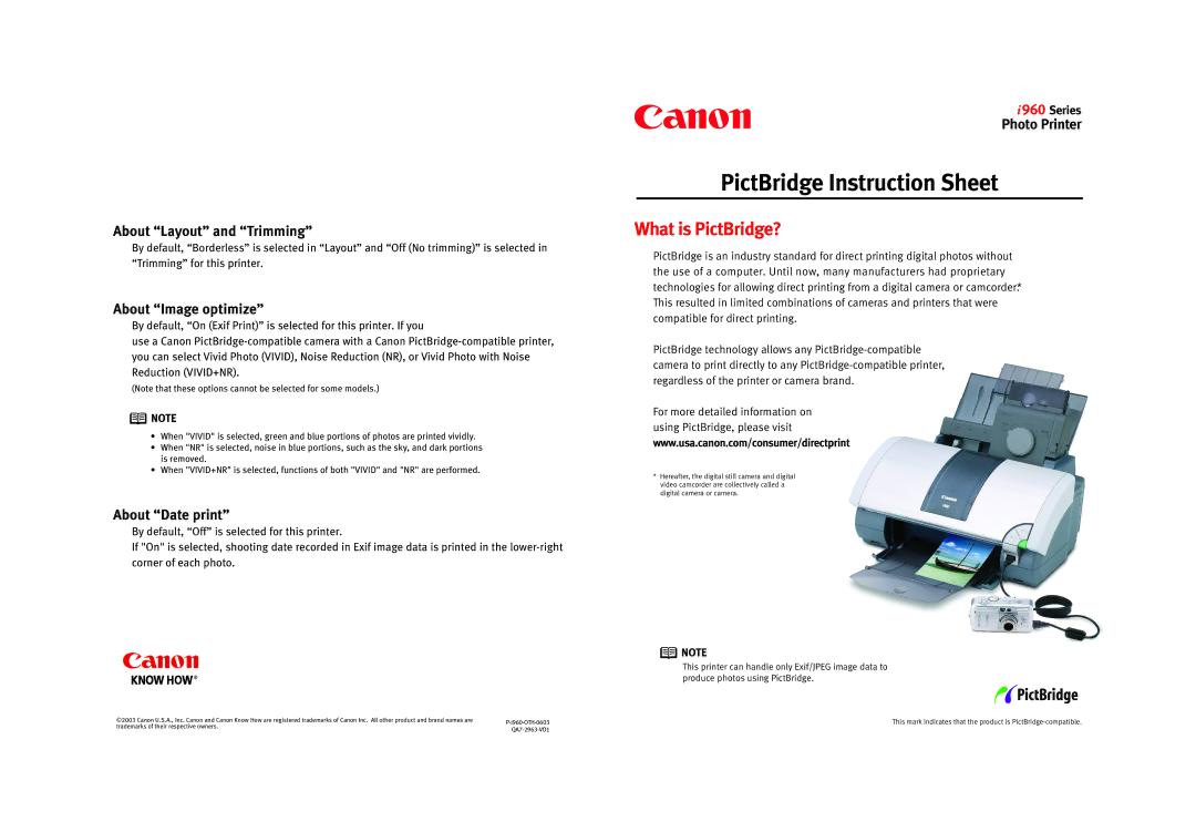 Canon 960 instruction sheet PictBridge Instruction Sheet, What is PictBridge? 