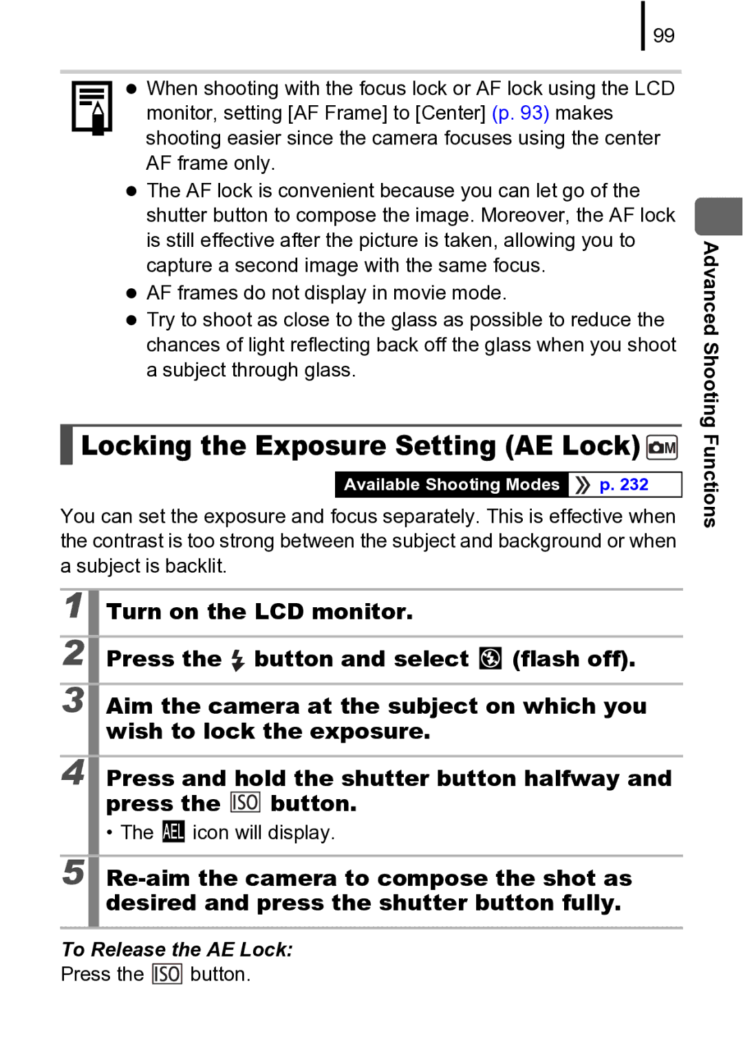 Canon 970 IS manual Locking the Exposure Setting AE Lock 