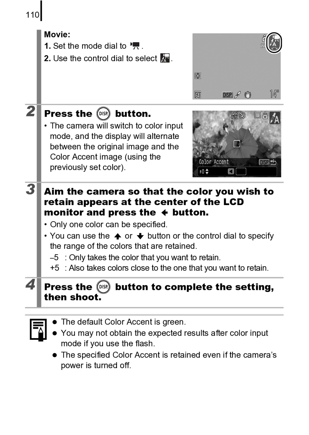 Canon 970 IS manual Press Button to complete the setting Then shoot, 110, Movie 