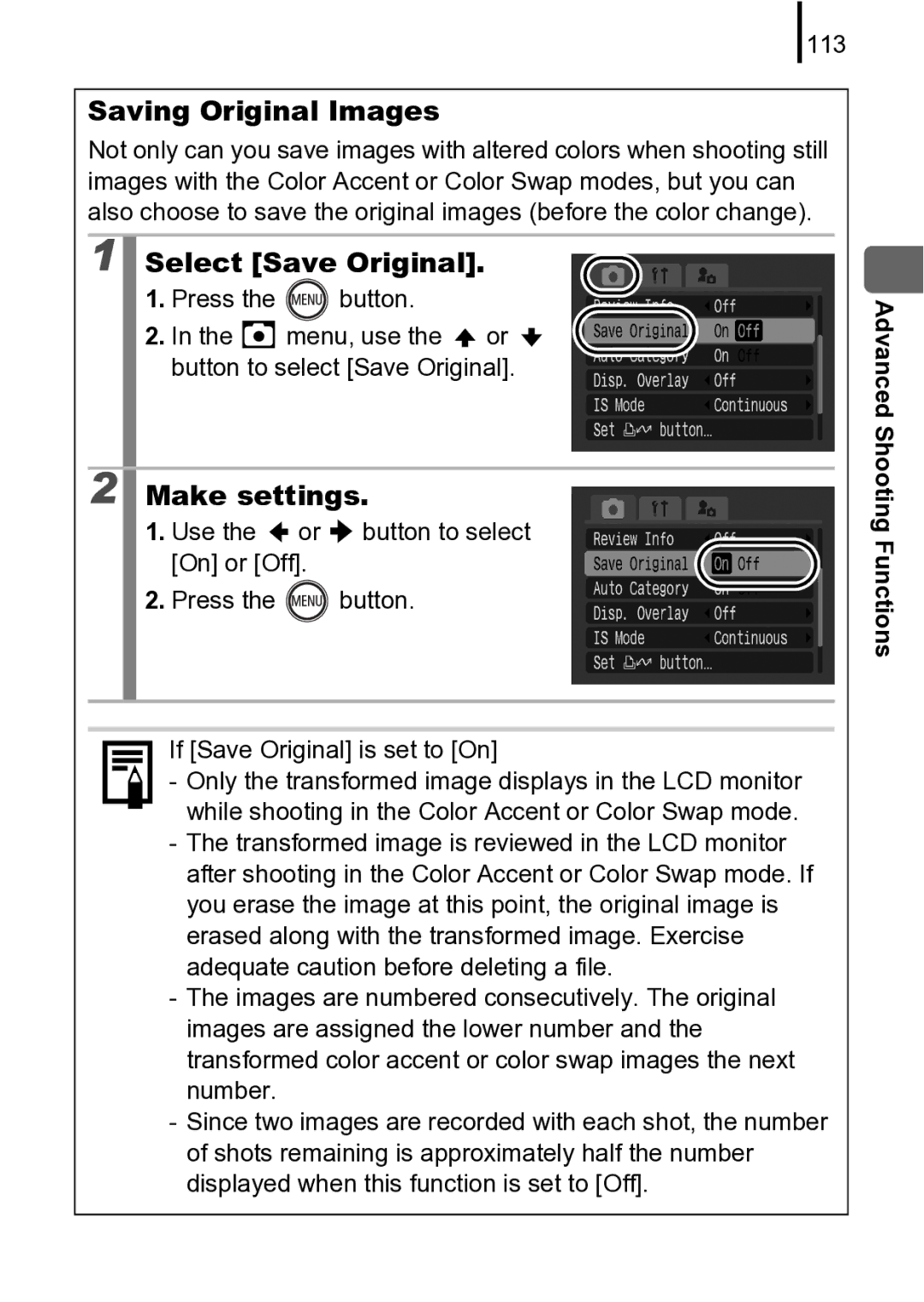 Canon 970 IS manual Saving Original Images, Select Save Original, 113 