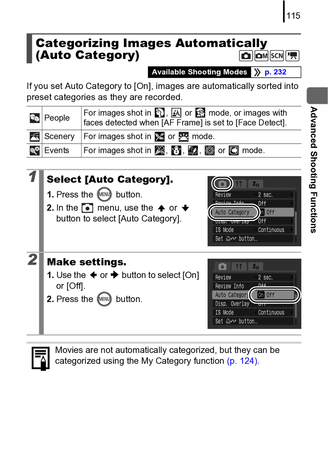 Canon 970 IS manual Categorizing Images Automatically Auto Category, Select Auto Category, 115 