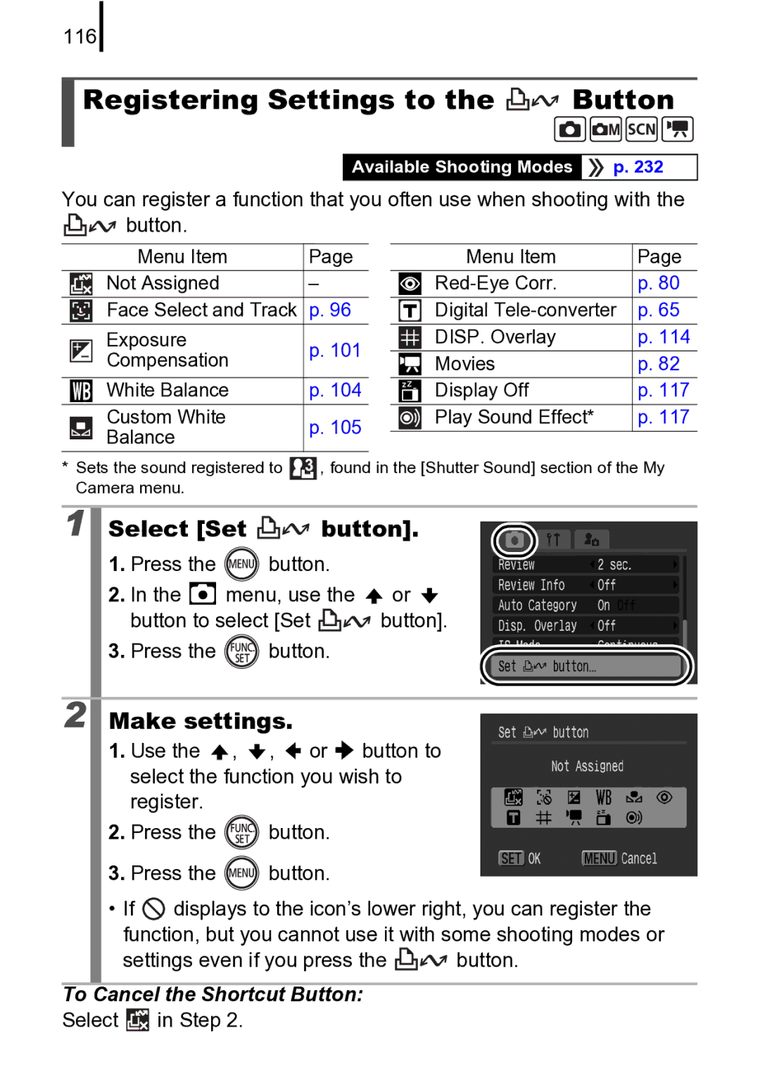 Canon 970 IS manual Registering Settings to the Button, Select Set button, 116, Settings even if you press the button 