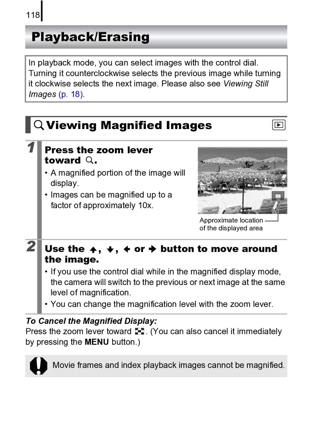 Canon 970 IS manual Playback/Erasing, Viewing Magnified Images, Press the zoom lever toward, 118 