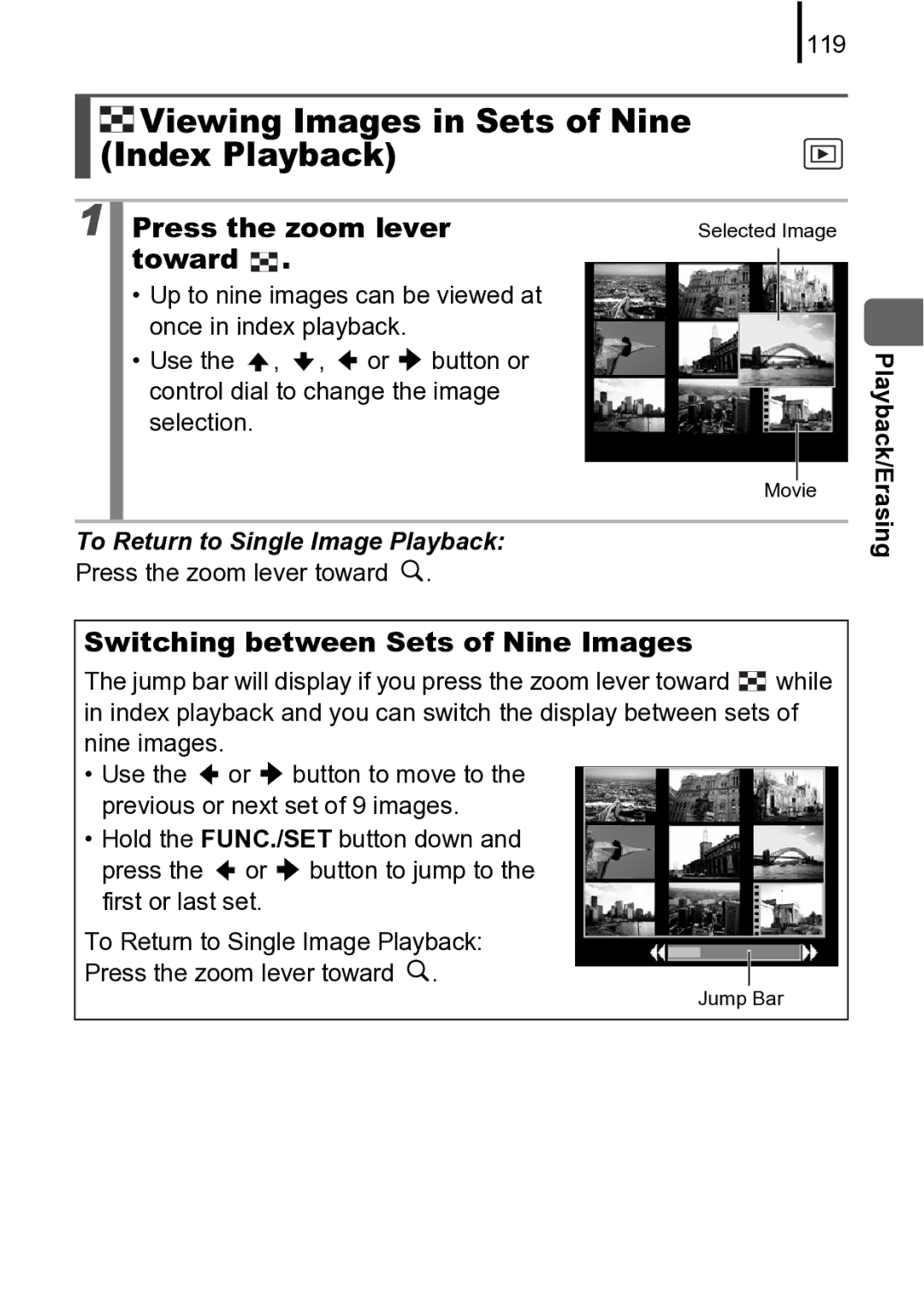 Canon 970 IS manual Viewing Images in Sets of Nine Index Playback, Press the zoom lever, Toward, Playback/Erasing 