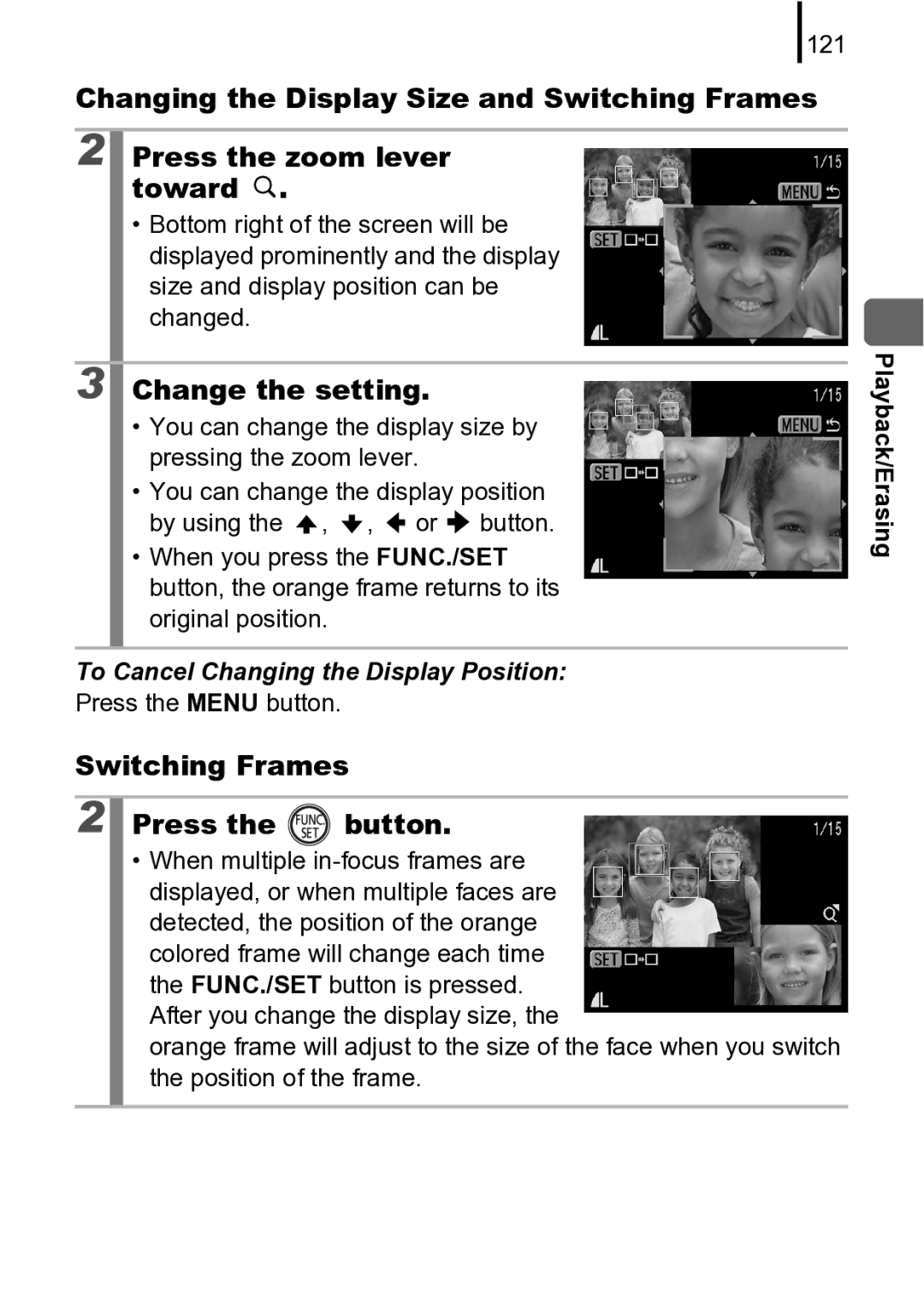 Canon 970 IS manual Change the setting, Switching Frames Press the button, 121, Press the Menu button 