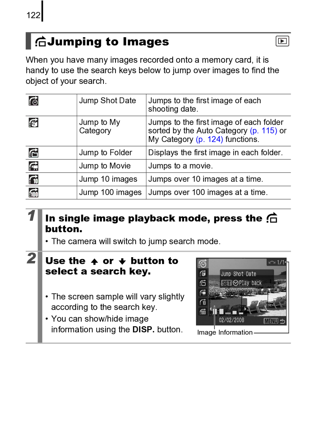 Canon 970 IS Jumping to Images, Single image playback mode, press the button, Use the or button to select a search key 