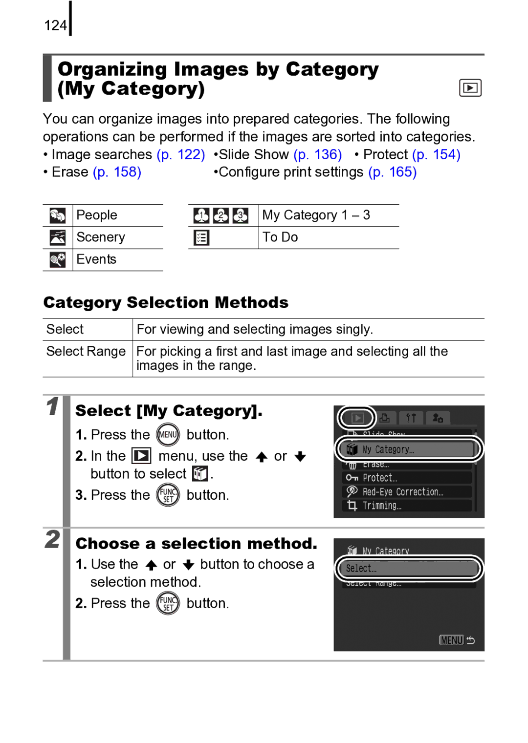 Canon 970 IS manual Organizing Images by Category My Category, Category Selection Methods, Select My Category 