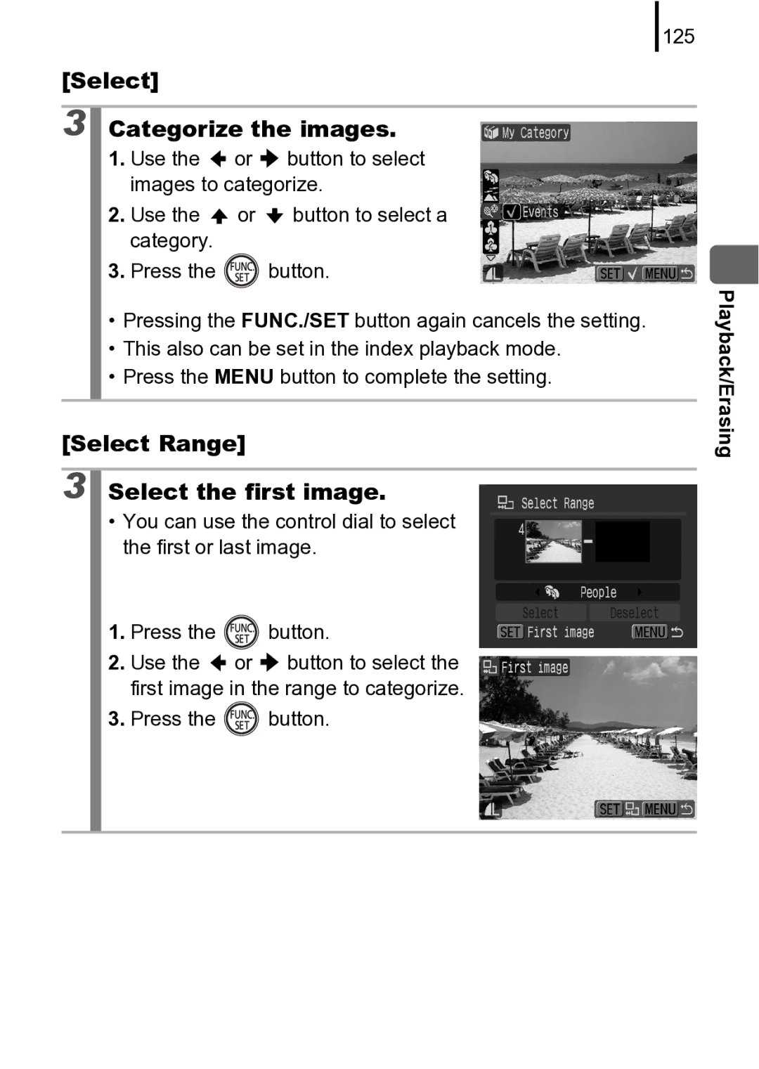 Canon 970 IS manual Select Categorize the images, Select Range Select the first image, 125 