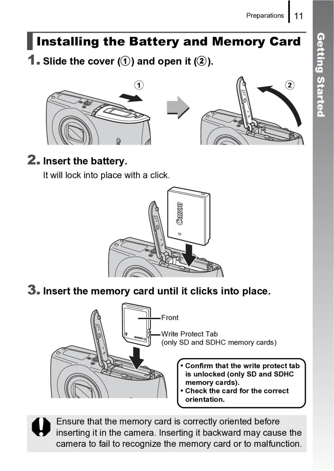 Canon 970 IS manual Installing the Battery and Memory Card, Slide the cover a and open it b Insert the battery 