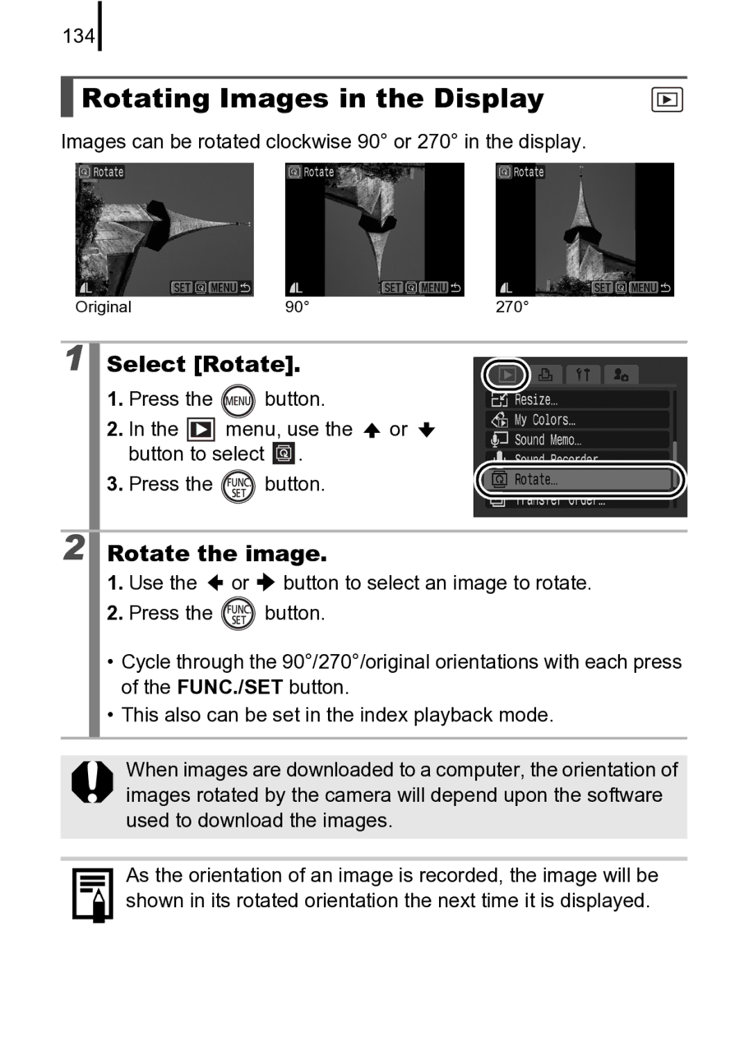 Canon 970 IS manual Rotating Images in the Display, Select Rotate, Rotate the image, 134 