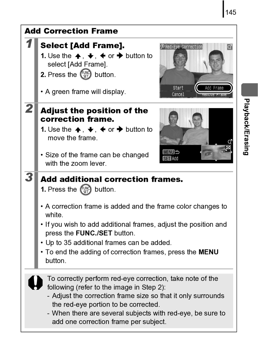 Canon 970 IS manual Add Correction Frame Select Add Frame, Adjust the position of the correction frame, 145 