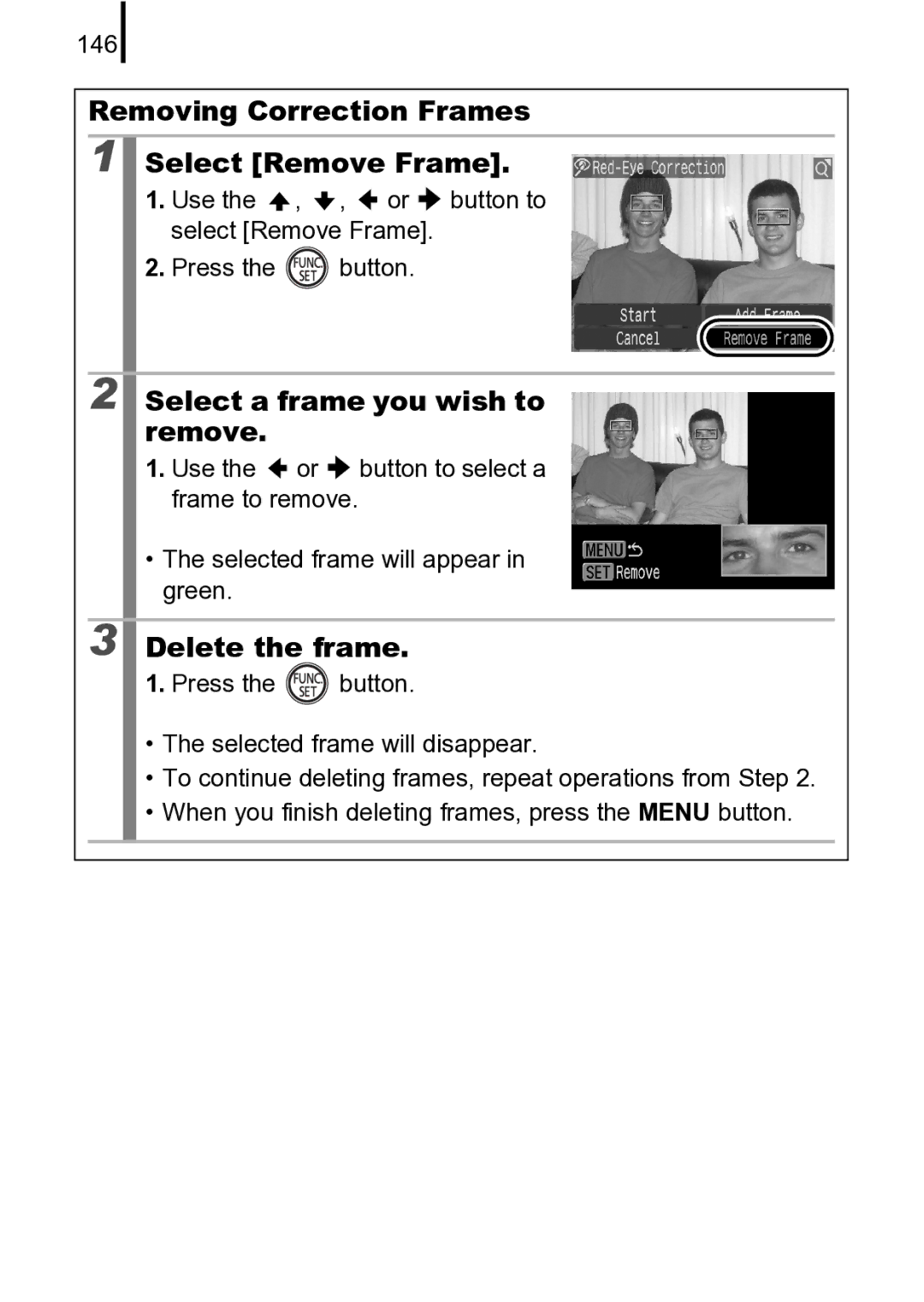 Canon 970 IS Removing Correction Frames Select Remove Frame, Select a frame you wish to remove, Delete the frame, 146 