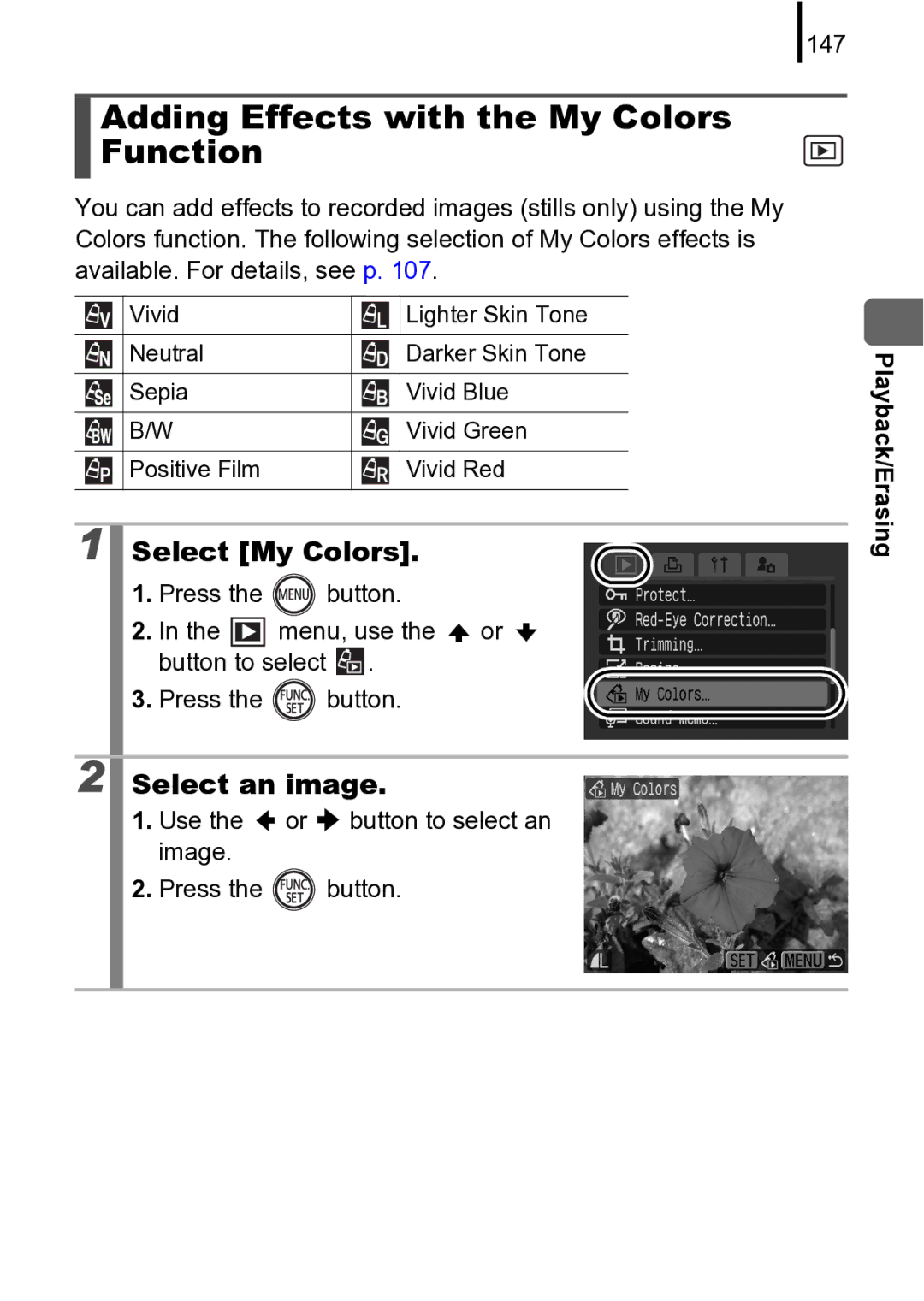 Canon 970 IS manual Adding Effects with the My Colors Function, Select My Colors, 147 