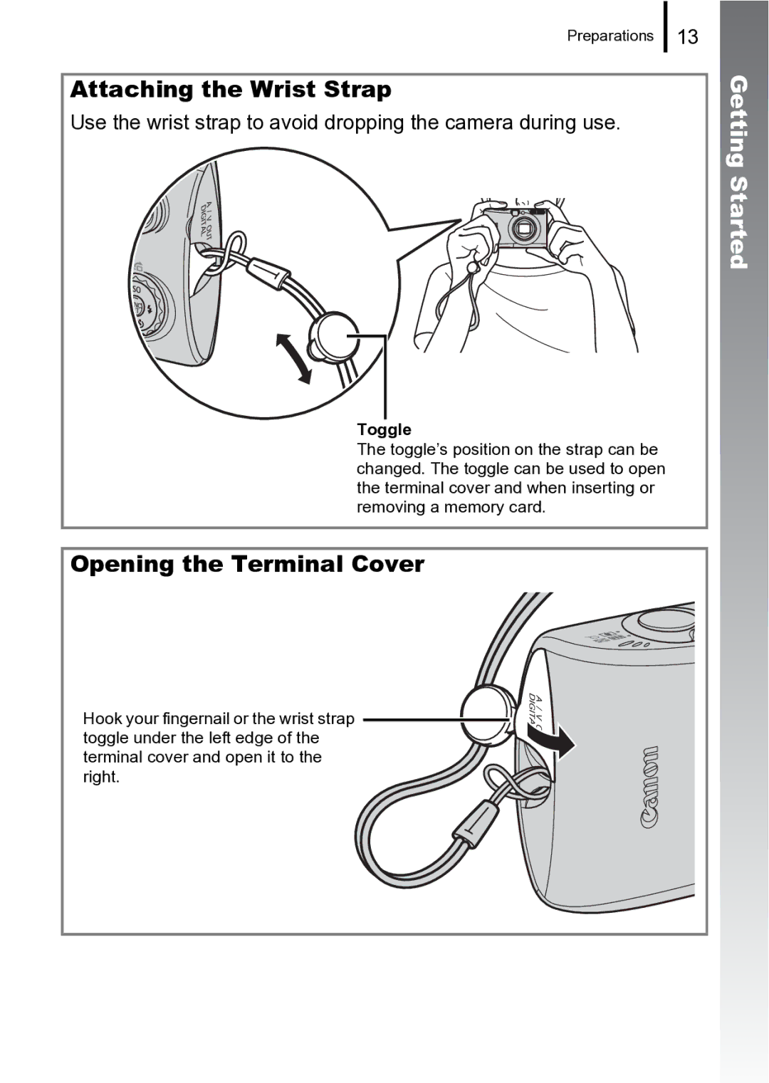 Canon 970 IS manual Attaching the Wrist Strap, Opening the Terminal Cover 