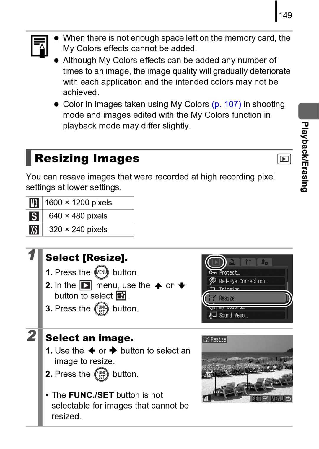 Canon 970 IS manual Resizing Images, Select Resize 