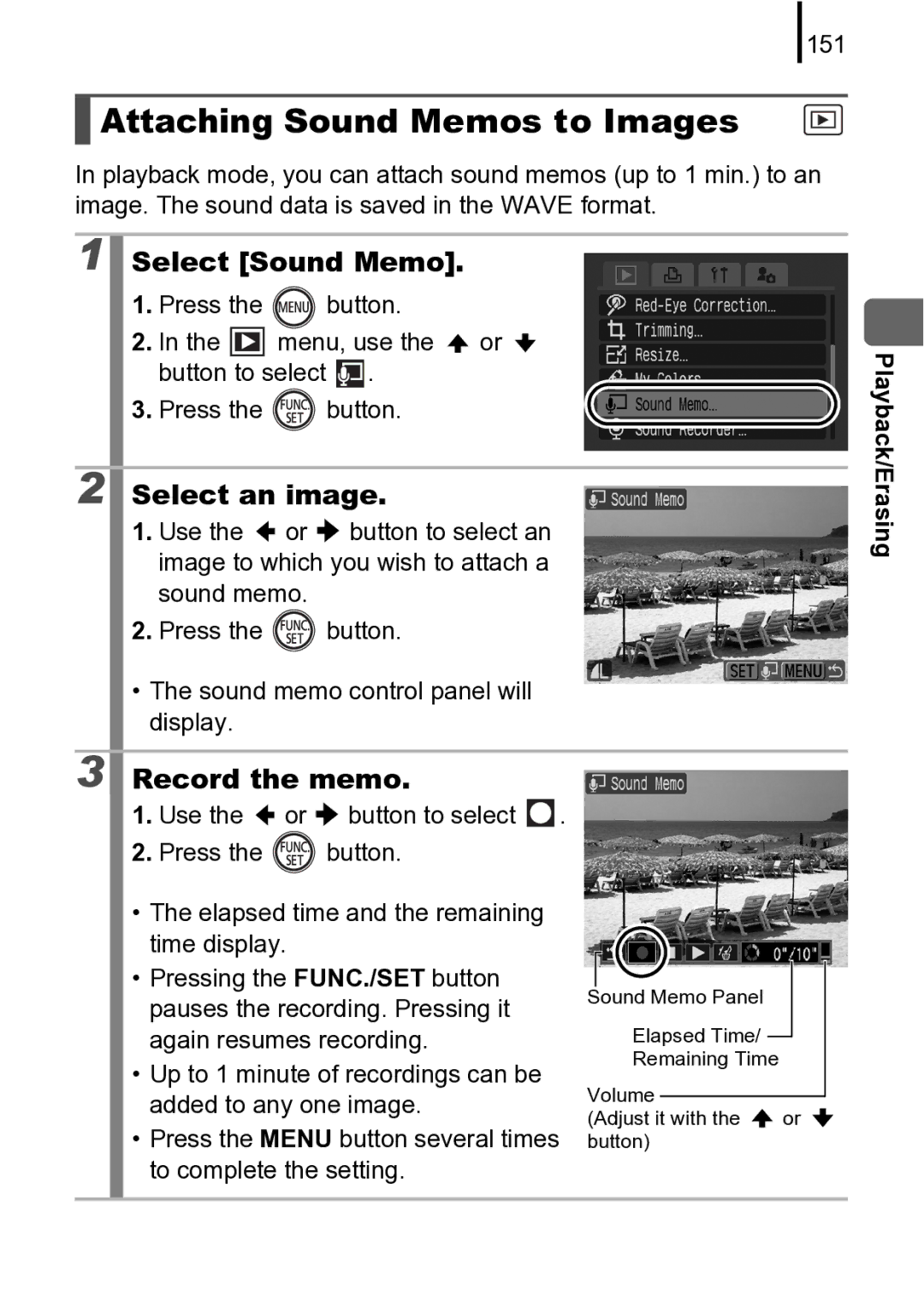 Canon 970 IS manual Attaching Sound Memos to Images, Select Sound Memo, Record the memo 