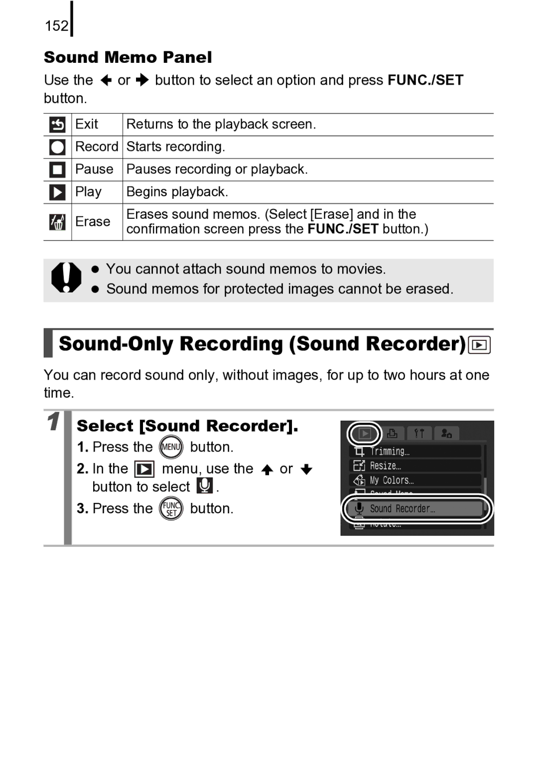 Canon 970 IS manual Sound-Only Recording Sound Recorder, Sound Memo Panel, Select Sound Recorder, 152 