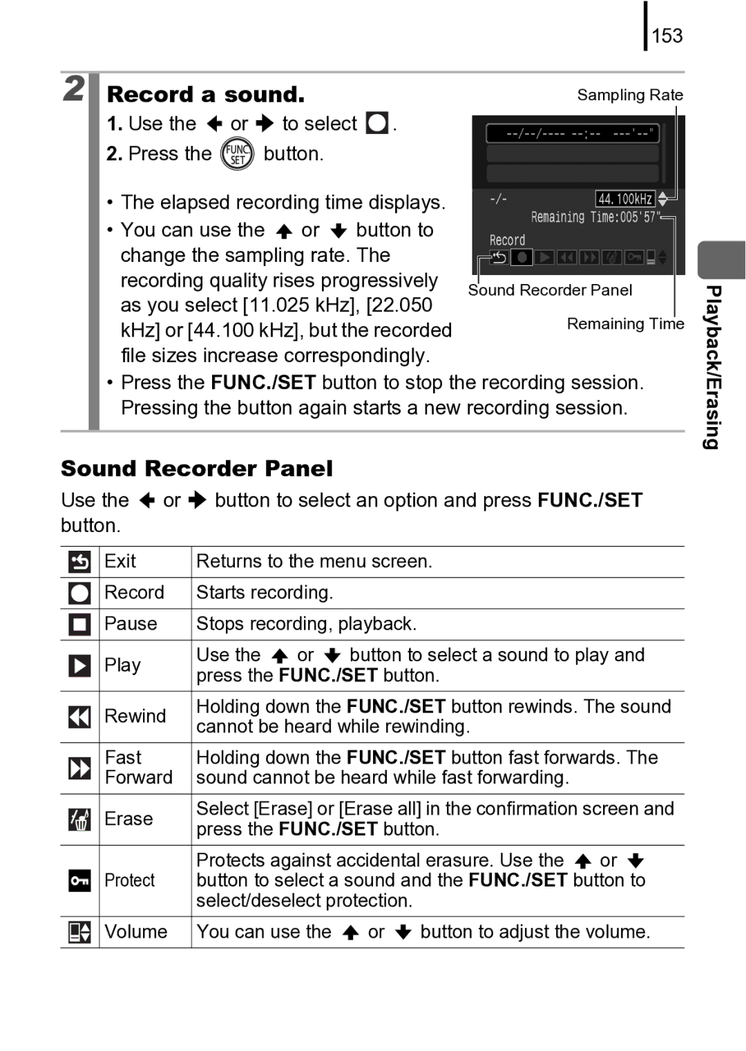 Canon 970 IS manual Record a sound, Sound Recorder Panel, 153, File sizes increase correspondingly 