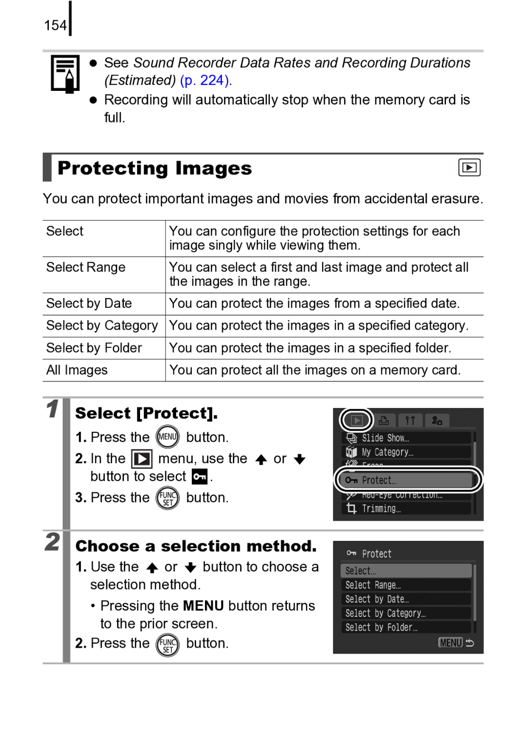 Canon 970 IS manual Protecting Images, Select Protect, 154 