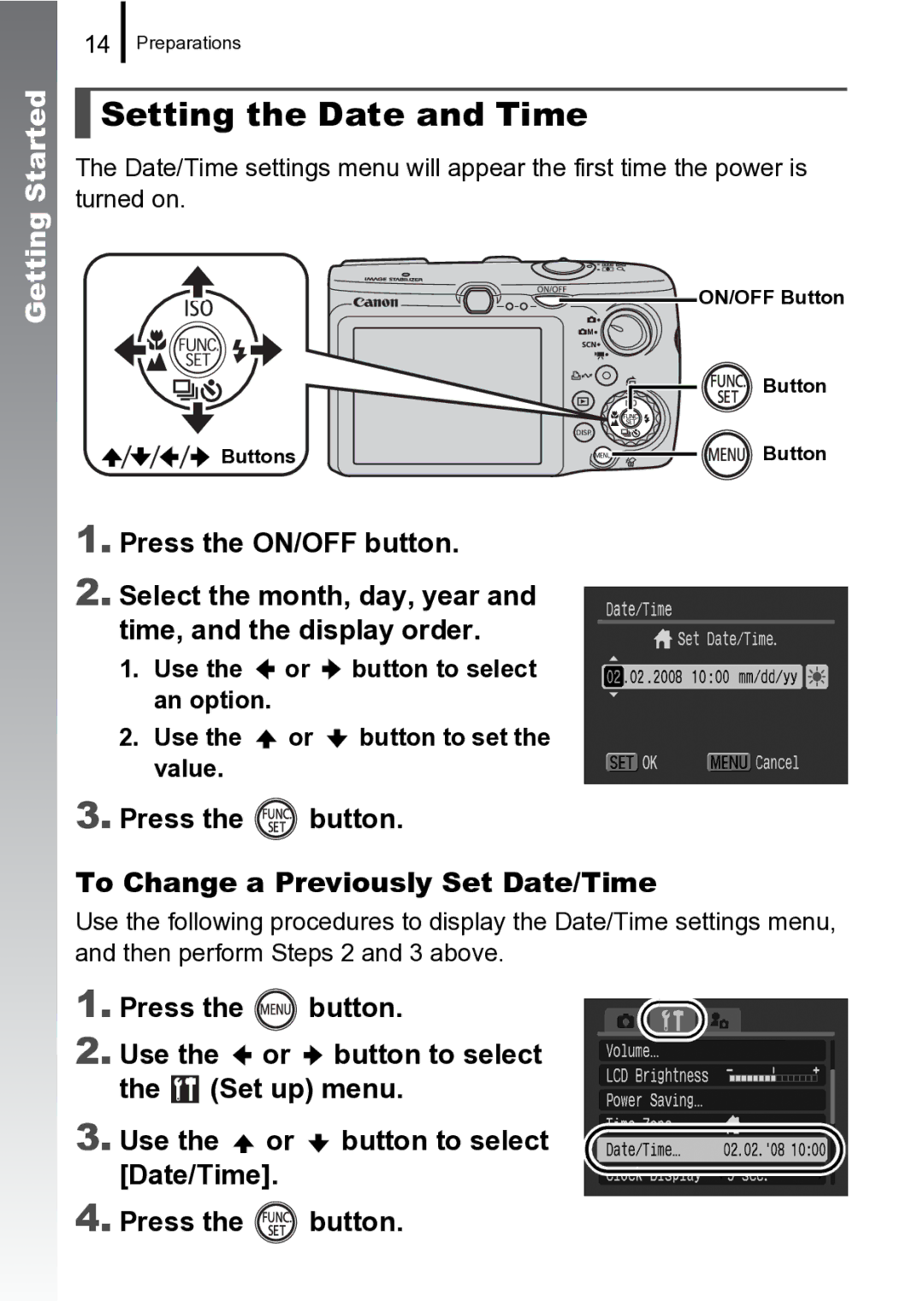 Canon 970 IS manual Setting the Date and Time, Press the button To Change a Previously Set Date/Time 