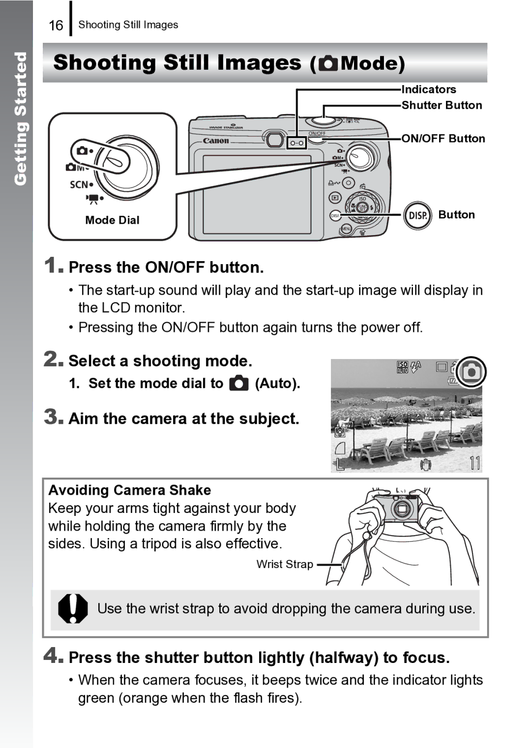 Canon 970 IS Shooting Still Images Mode, Press the ON/OFF button, Select a shooting mode, Aim the camera at the subject 