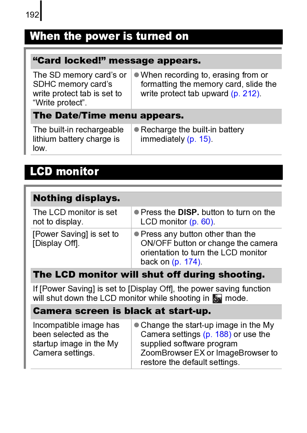 Canon 970 IS Card locked! message appears, Date/Time menu appears, Nothing displays, Camera screen is black at start-up 