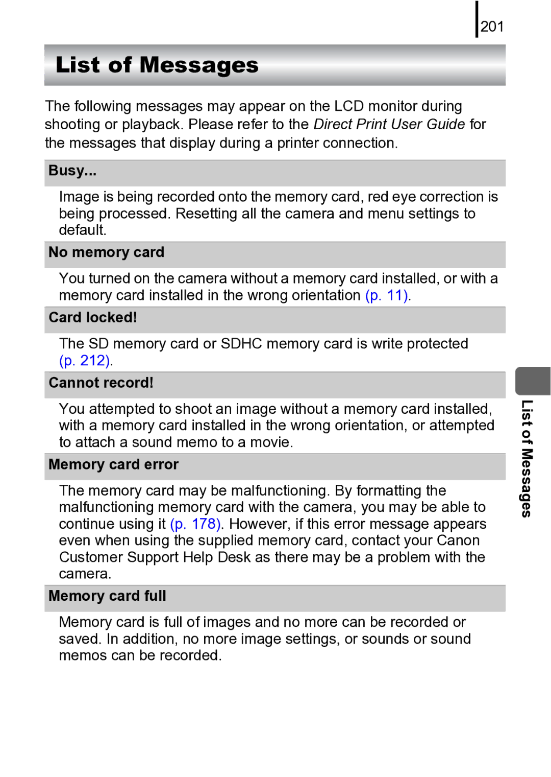 Canon 970 IS manual List of Messages 