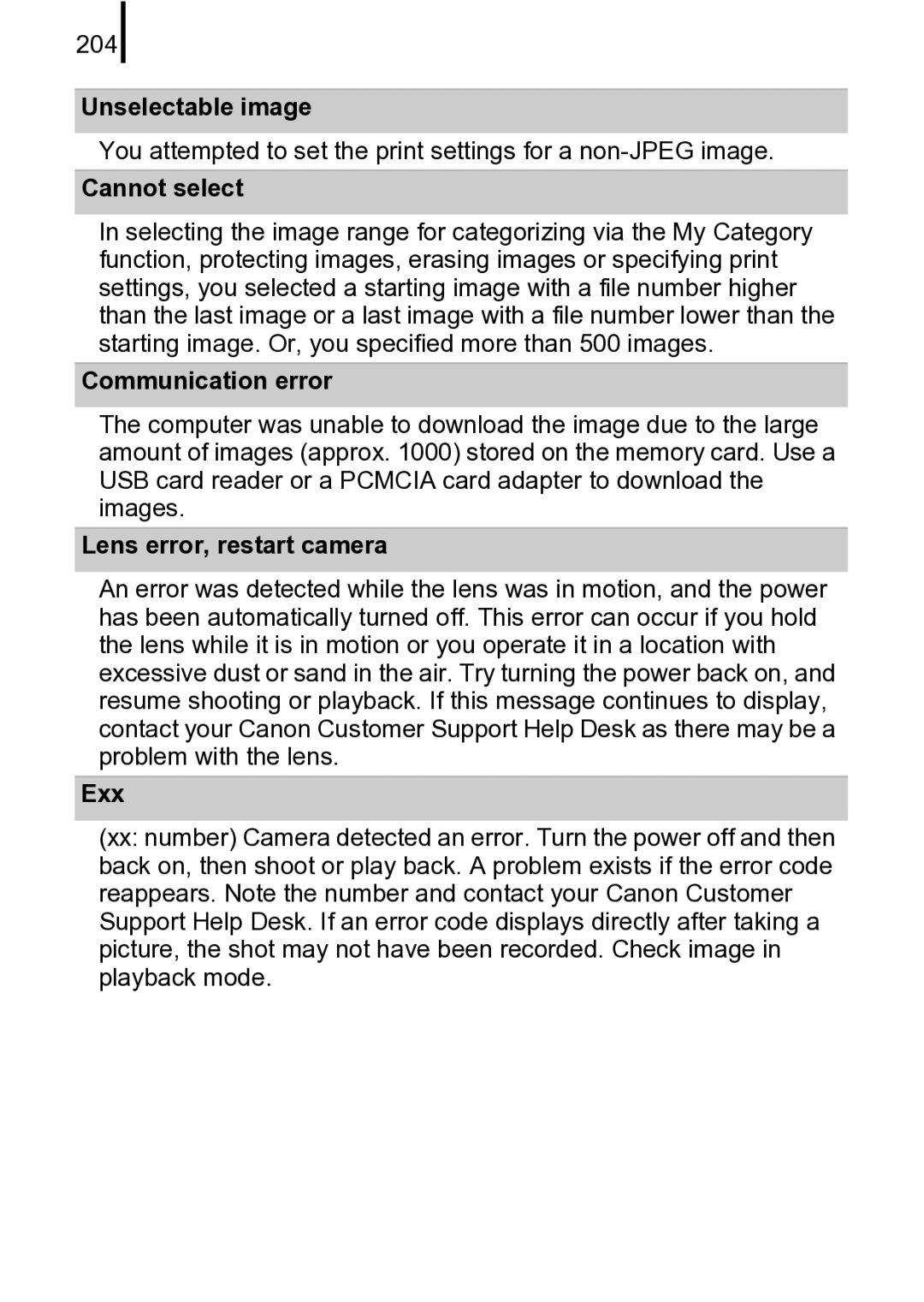 Canon 970 IS manual Unselectable image, Cannot select, Communication error, Lens error, restart camera, Exx 