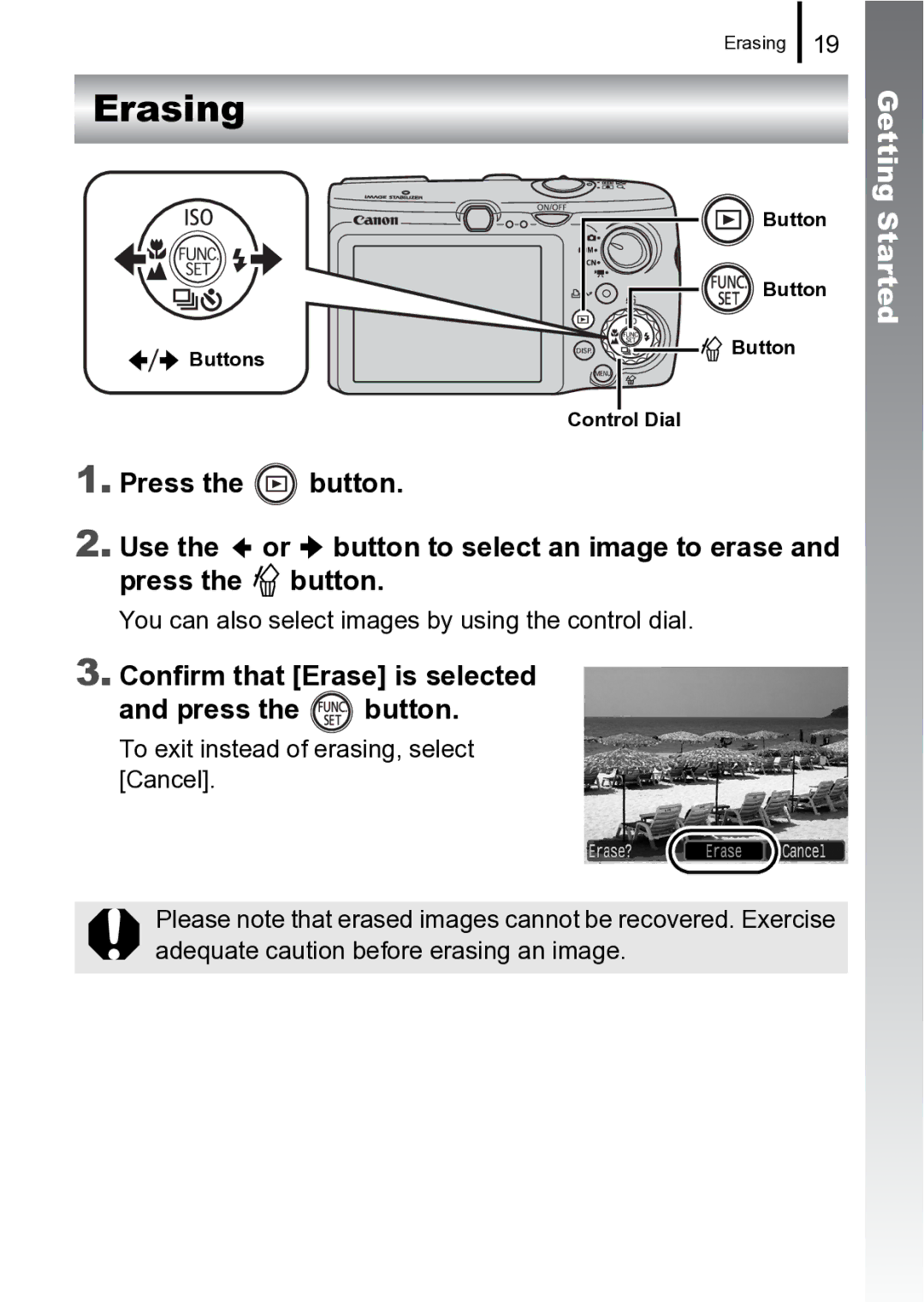 Canon 970 IS manual Erasing, Confirm that Erase is selected Press the button 