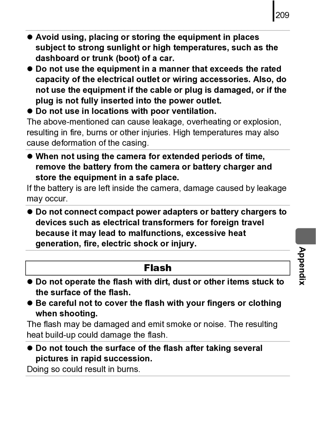 Canon 970 IS manual 209, Do not use in locations with poor ventilation, Store the equipment in a safe place, When shooting 