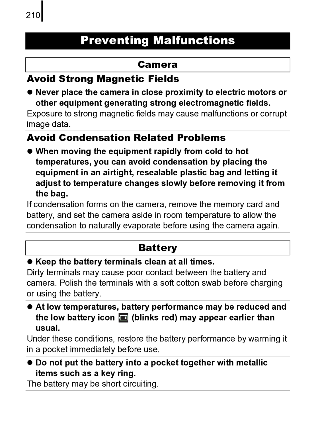 Canon 970 IS manual Camera Avoid Strong Magnetic Fields, Avoid Condensation Related Problems, 210 