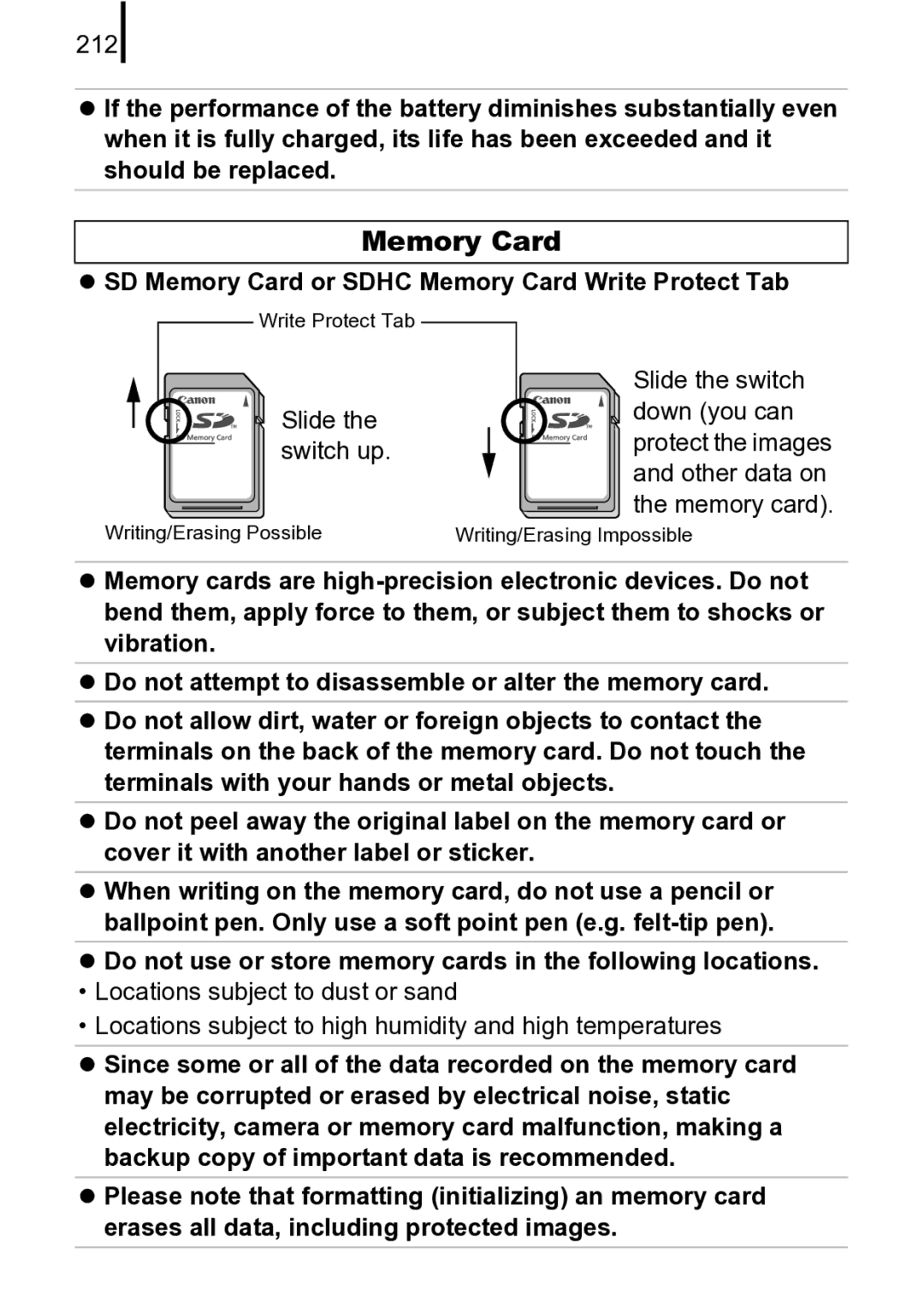 Canon 970 IS manual 212, SD Memory Card or Sdhc Memory Card Write Protect Tab 