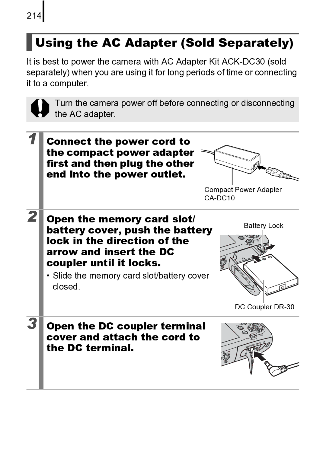 Canon 970 IS manual Using the AC Adapter Sold Separately, Open the memory card slot, Battery cover, push the battery, 214 