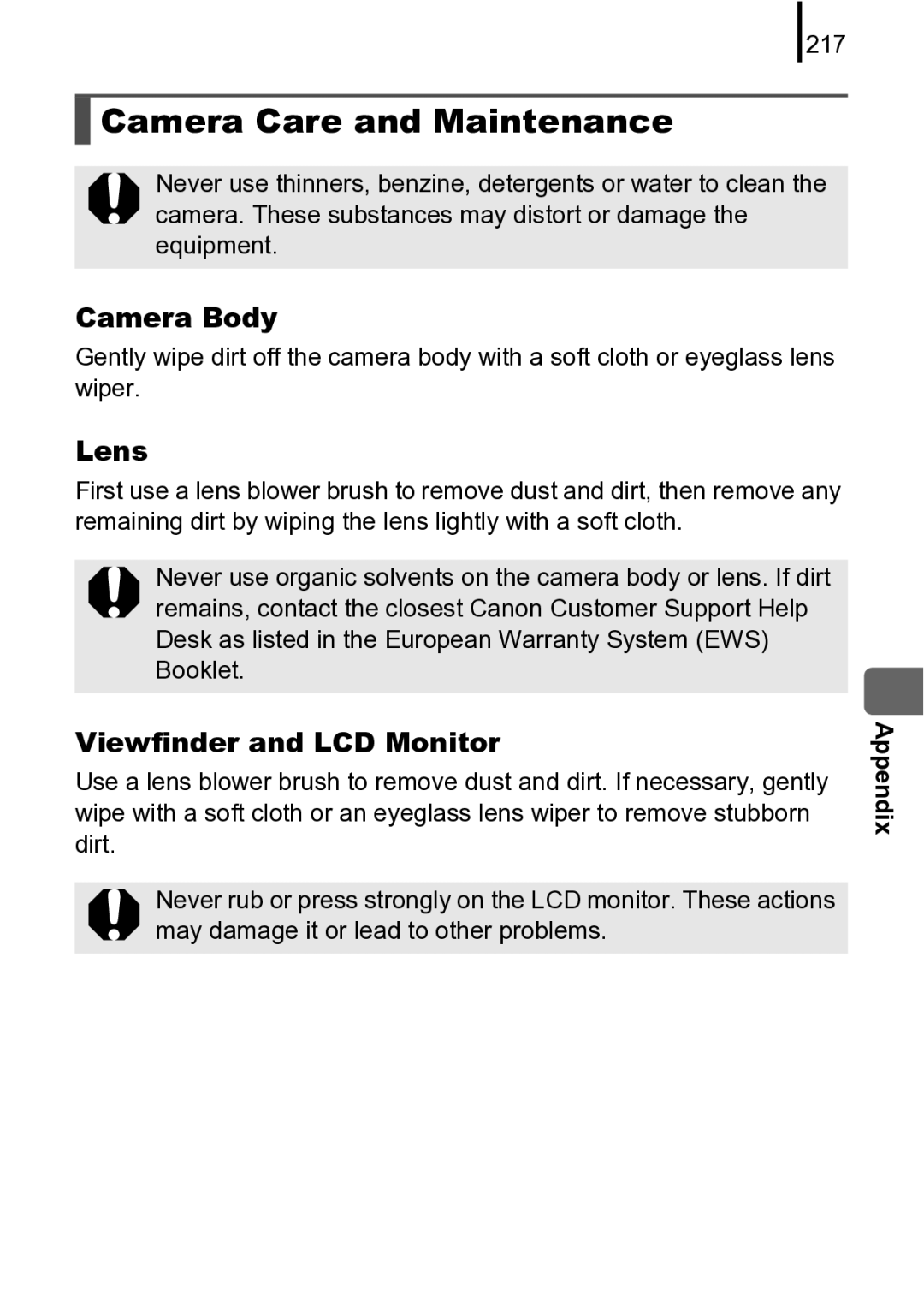 Canon 970 IS manual Camera Care and Maintenance, Camera Body, Lens, Viewfinder and LCD Monitor, 217 