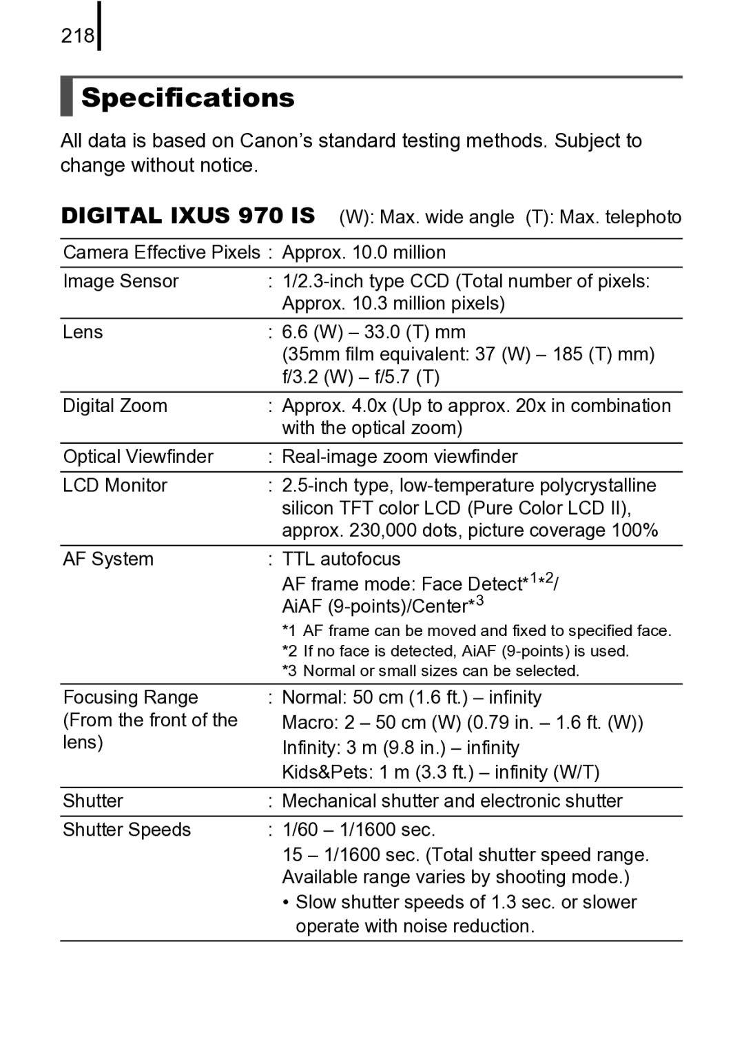 Canon 970 IS manual Specifications, 218 