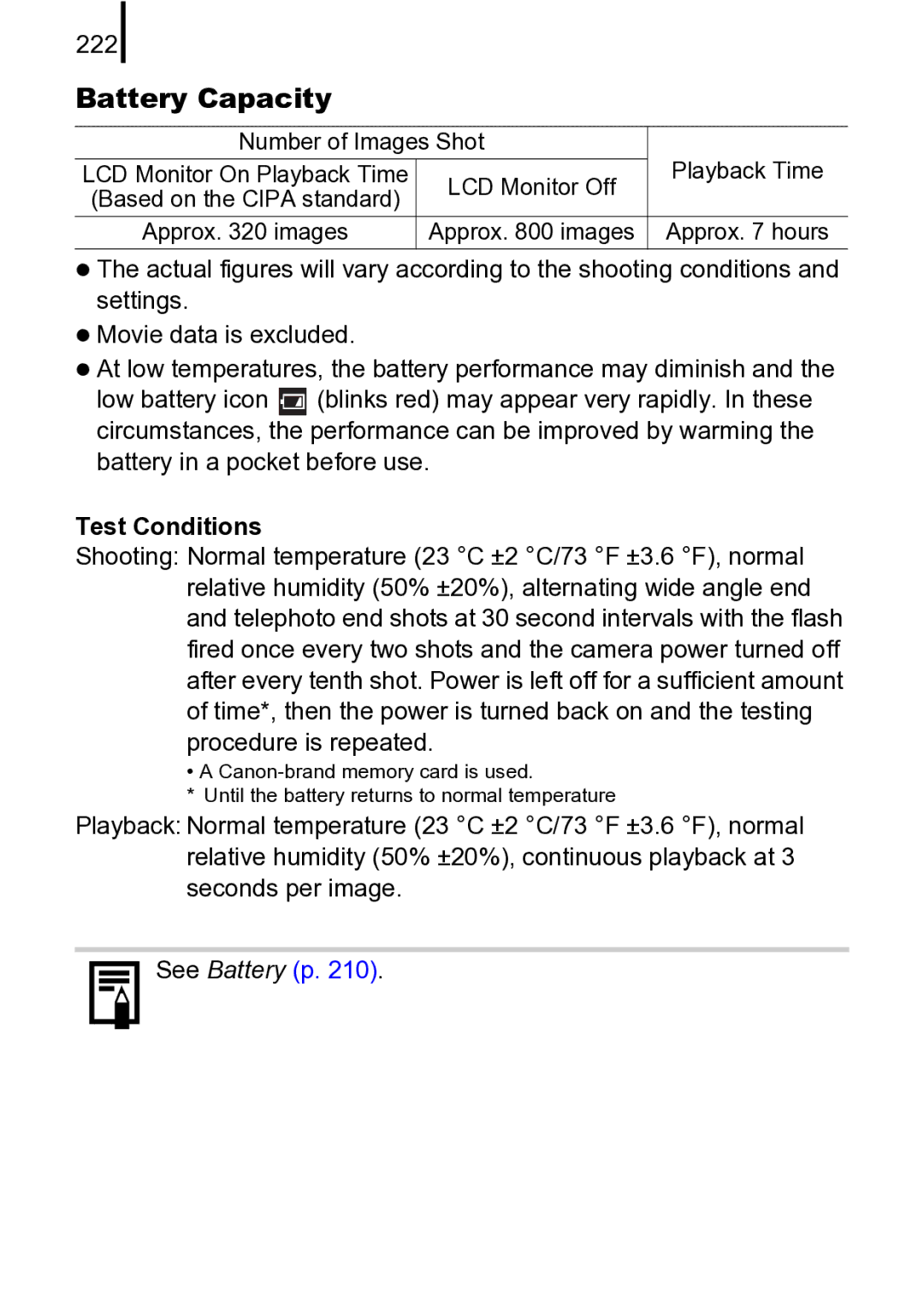 Canon 970 IS manual Battery Capacity, 222, Test Conditions 