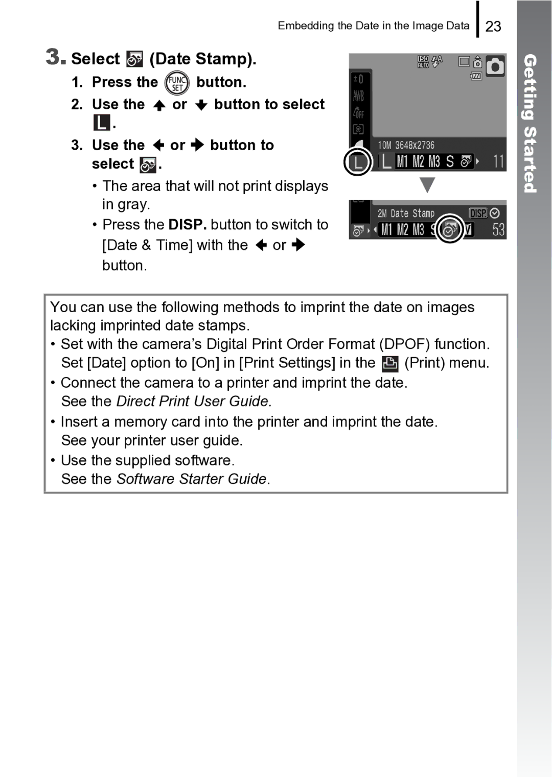 Canon 970 IS manual Select Date Stamp, Press the button Use the or button to select 